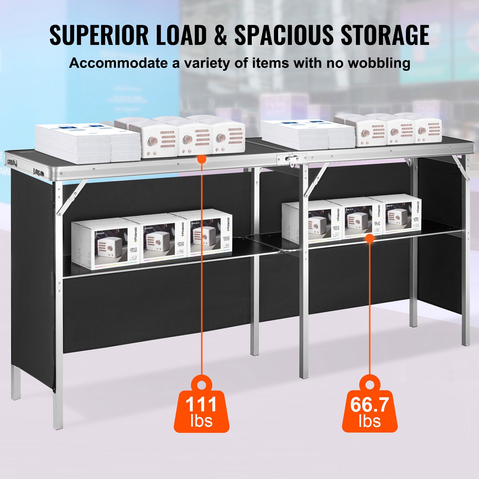 VEVOR Bancone fieristico portatile, 1980 x 385 x 880 m Stand fieristico Bancone espositivo, Bancone pieghevole per tavolo da bar, Reception con ripiano, Borsa per il trasporto, Nero