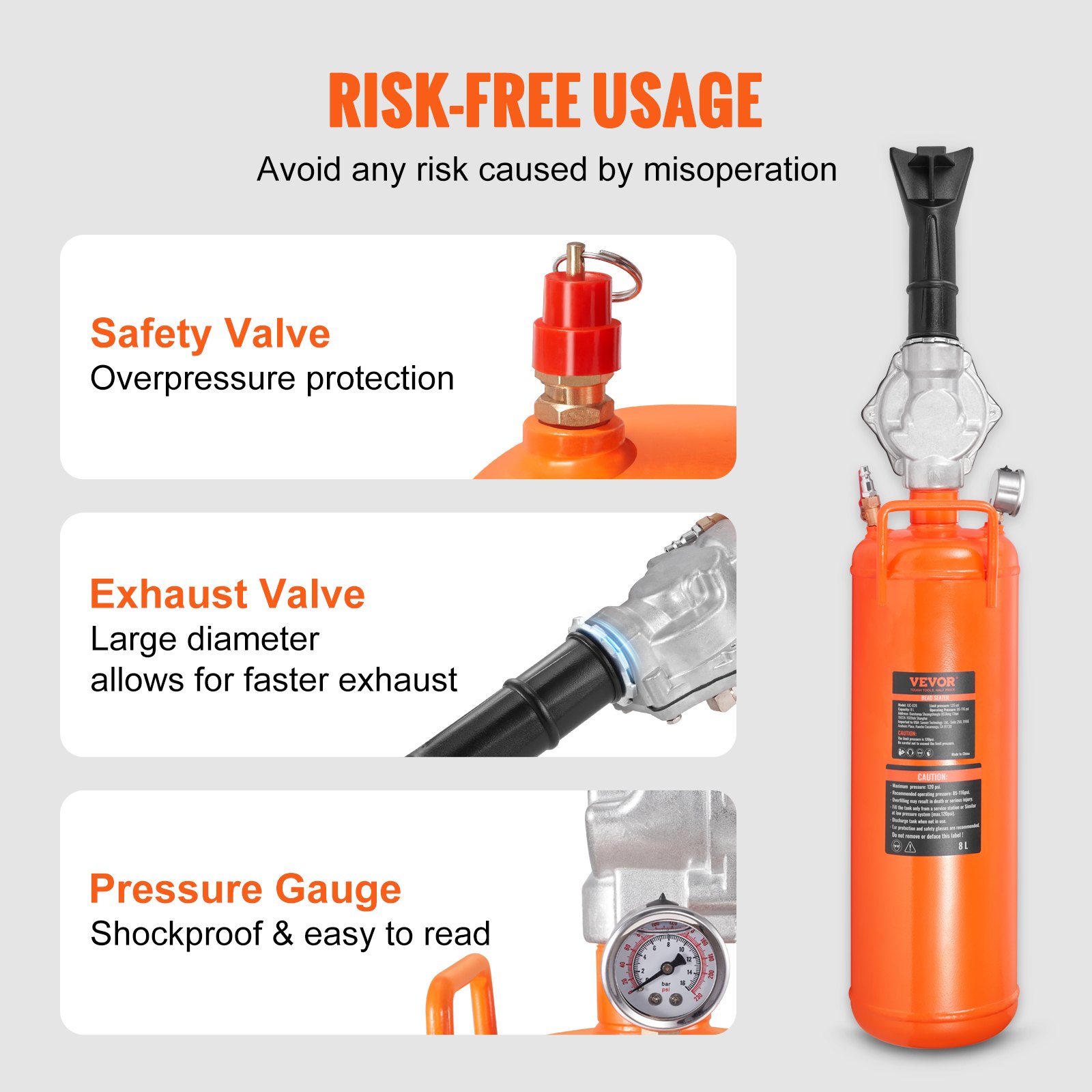 VEVOR Tire Bead Builder, 2.1 Gal/8 L Air Tire Bead Blasting Tool, 120 psi Hand Bead Builder, Improved Portable Tire Inflator, 85-116 psi Operating Pressure for Tractors, Trucks, ATVs, and Cars