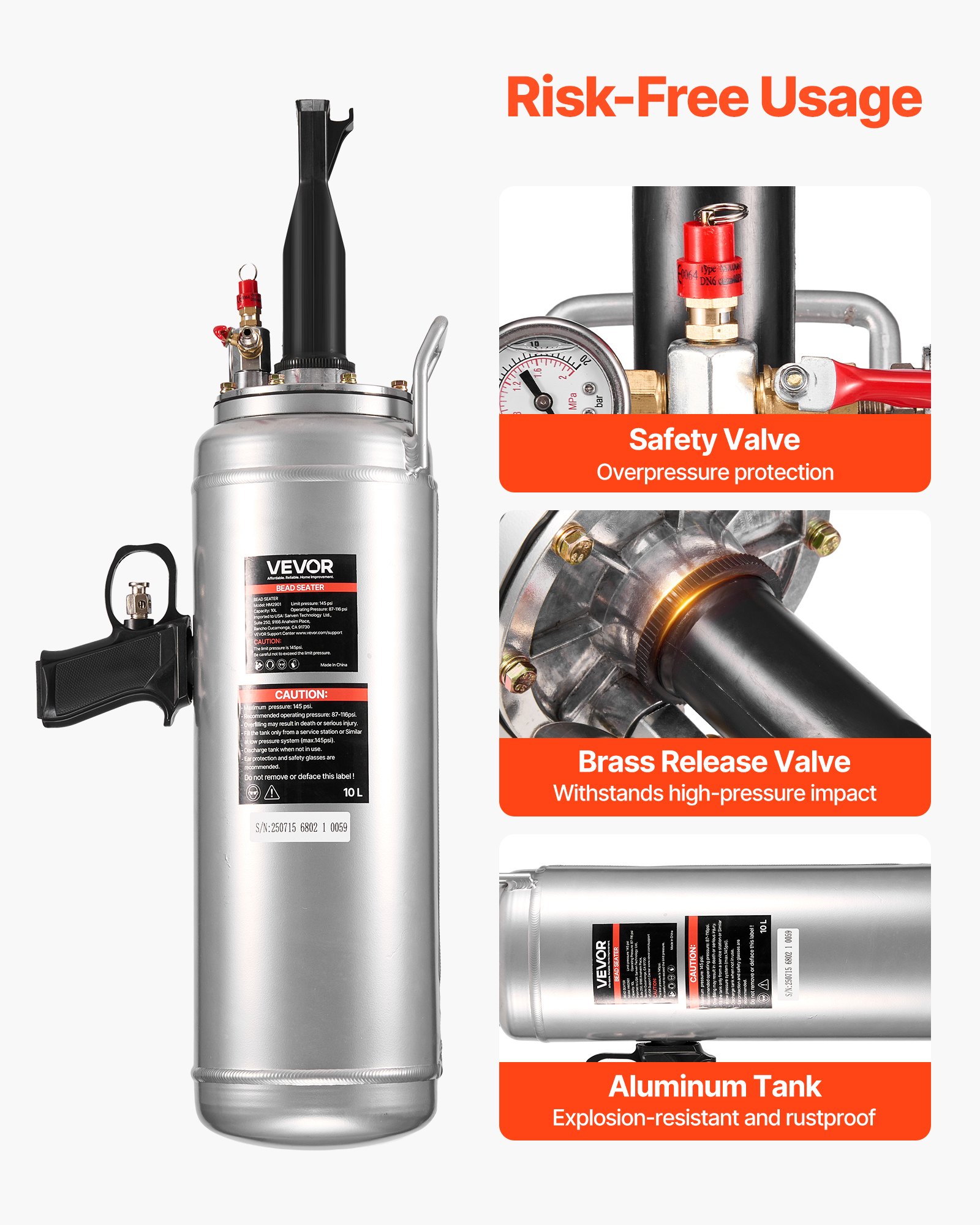 VEVOR Gonfiatore Portatile per Pneumatici, 10 L, Pressione di Esercizio 0,6 a 0,8 MPa, Gonfiatore a Grilletto per Tallone del Pneumatico, per Auto, SUV, Camion, Bici Elettriche, Camper, ATV