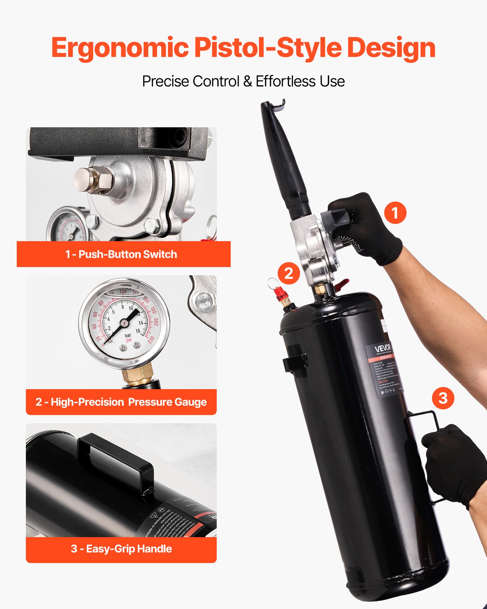 VEVOR Gonfiatore Portatile per Pneumatici, 8 L, Pressione di Esercizio 0,6 a 0,8 MPa, Gonfiatore a Grilletto per Tallone del Pneumatico, per Auto, SUV, Camion, Bici Elettriche, Camper, ATV