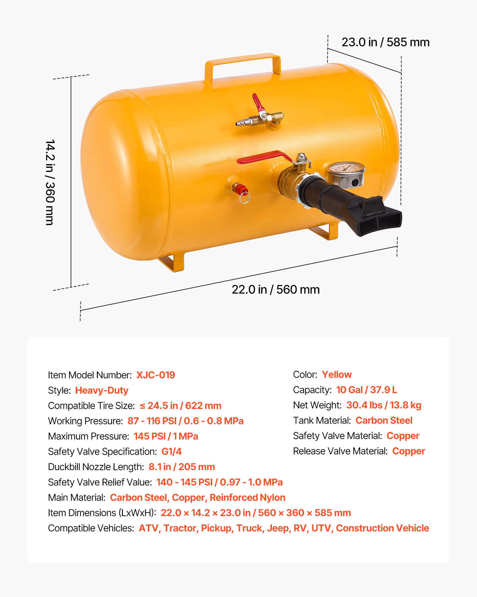 VEVOR Strumento per Rimozione dei Talloni dei Pneumatici per Impieghi Gravosi, Pressione 0,6 a 0,8 MP, 37,9 L, Gonfiatore ad Aria Compressa per ATV, Trattori, Pick-Up, Camion, Jeep, Giallo