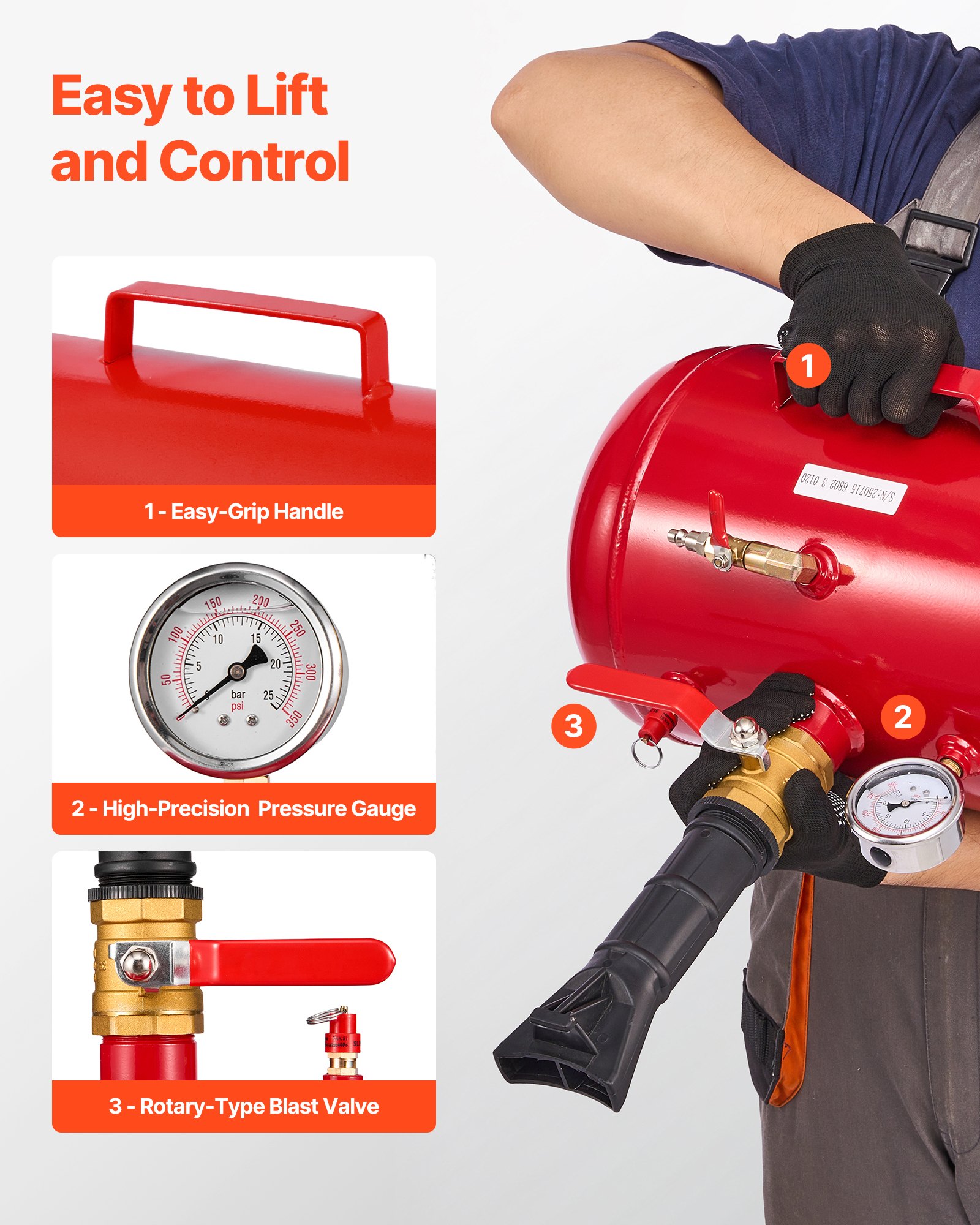 VEVOR Attrezzo per Gonfiaggio Pneumatici per Impieghi Gravosi, 0,6 a 0,8 MPa, 18,9 L Gonfiatore per Sedili con Grilletto Pneumatico per Pick-Up, Camion, ATV, Jeep, Furgone, Trattorino, Camper, Rosso