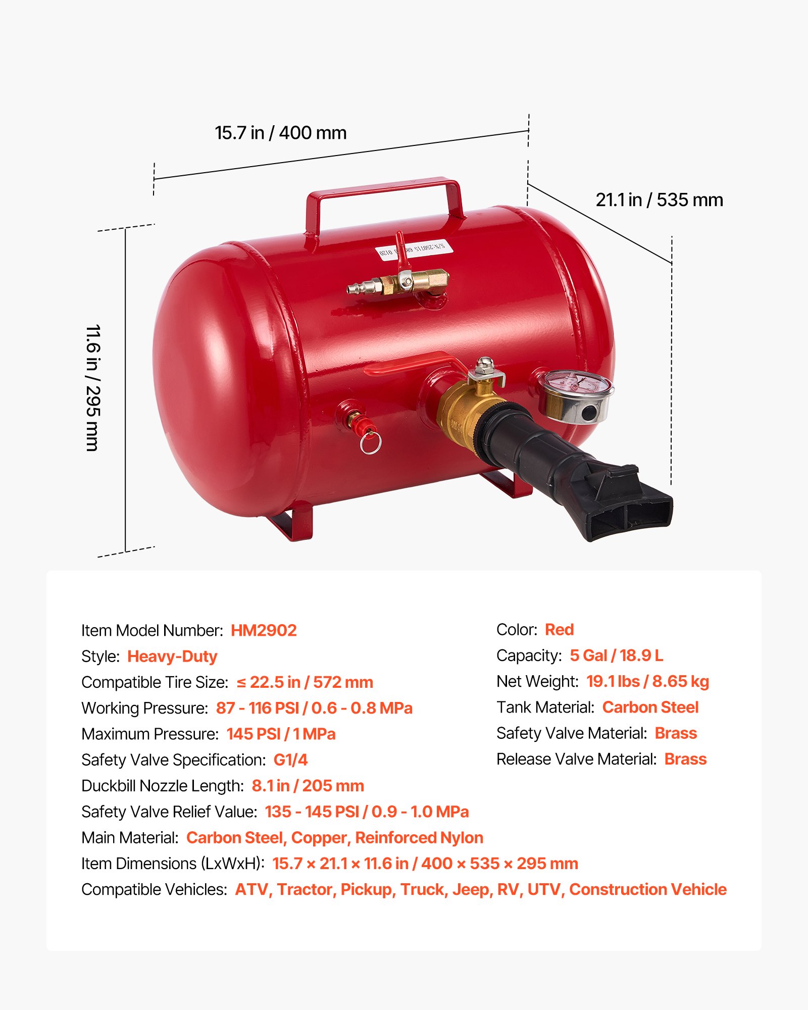 VEVOR Attrezzo per Gonfiaggio Pneumatici per Impieghi Gravosi, 0,6 a 0,8 MPa, 18,9 L Gonfiatore per Sedili con Grilletto Pneumatico per Pick-Up, Camion, ATV, Jeep, Furgone, Trattorino, Camper, Rosso