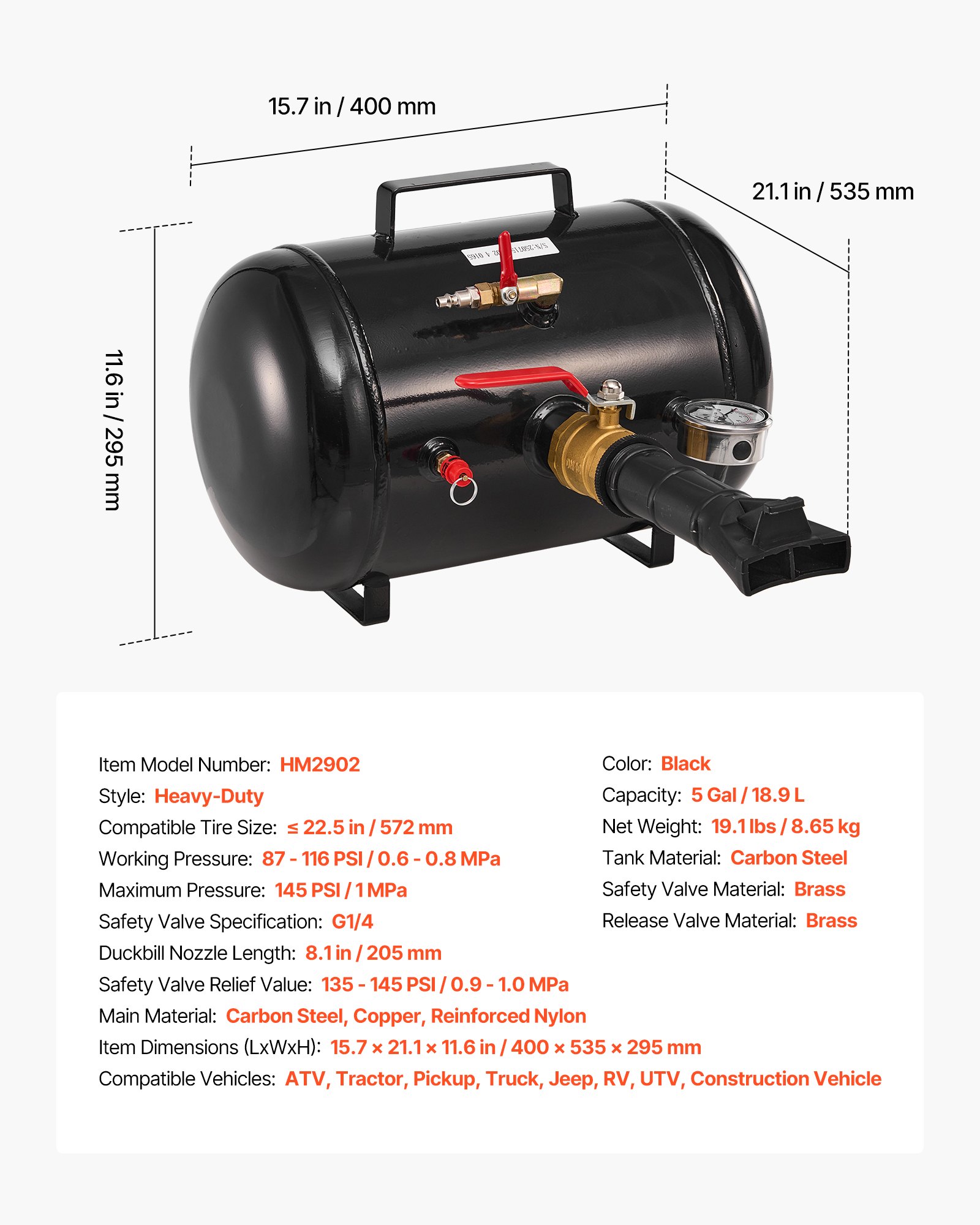 VEVOR Attrezzo per Gonfiaggio Pneumatici per Impieghi Gravosi, 0,6 a 0,8 MPa, 18,9 L Gonfiatore per Sedili con Grilletto Pneumatico per Pick-Up, Camion, ATV, Jeep, Furgone, Trattorino, Camper, Nero