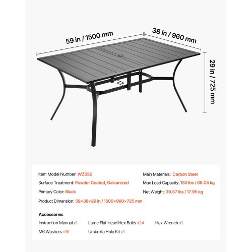 Tavolo Rettangolare da Giardino Balcone, 1500 x 960 x 725 mm in Acciaio al Carbonio