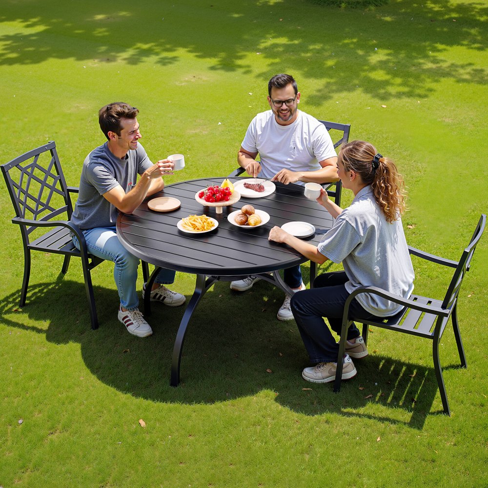 VEVOR Tavolo da Pranzo per Esterni, Tavolo da Bistrot da Giardino Rotondo in Metallo con Doghe in Acciaio da 120 cm, con Foro per Ombrellone da 38 mm, Mobili da Esterno per Prato, Giardino