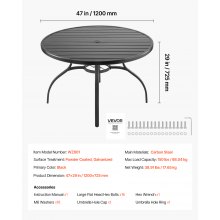VEVOR Tavolo da Pranzo per Esterni, Tavolo da Bistrot da Giardino Rotondo in Metallo con Doghe in Acciaio da 120 cm, con Foro per Ombrellone da 38 mm, Mobili da Esterno per Prato, Giardino