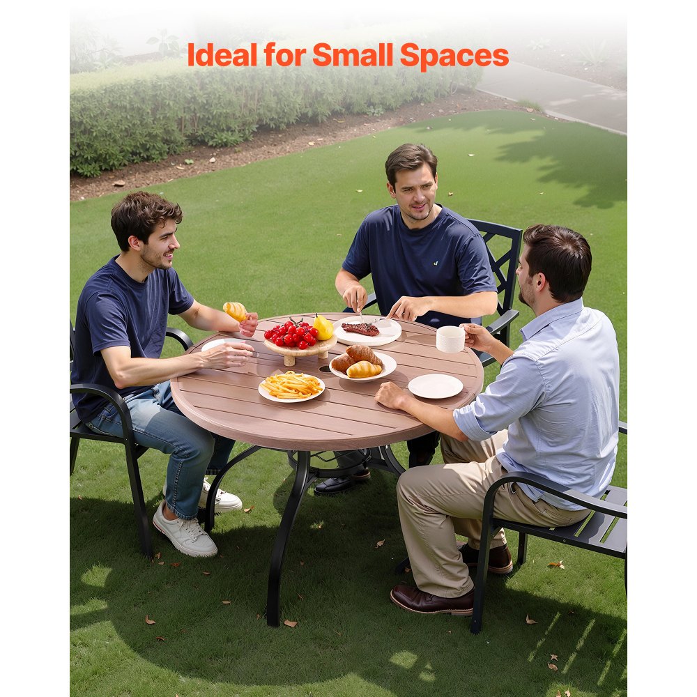 VEVOR Tavolo da Pranzo per Esterni, Tavolo da Caffè da Giardino Rotondo con Doghe in Acciaio Effetto Legno da 103 cm, con Foro per Ombrellone da 38 mm, Mobili da Esterno per Prato, Giardino