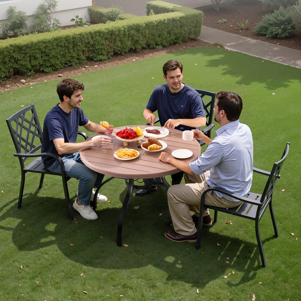 VEVOR Tavolo da Pranzo per Esterni, Tavolo da Caffè da Giardino Rotondo con Doghe in Acciaio Effetto Legno da 103 cm, con Foro per Ombrellone da 38 mm, Mobili da Esterno per Prato, Giardino