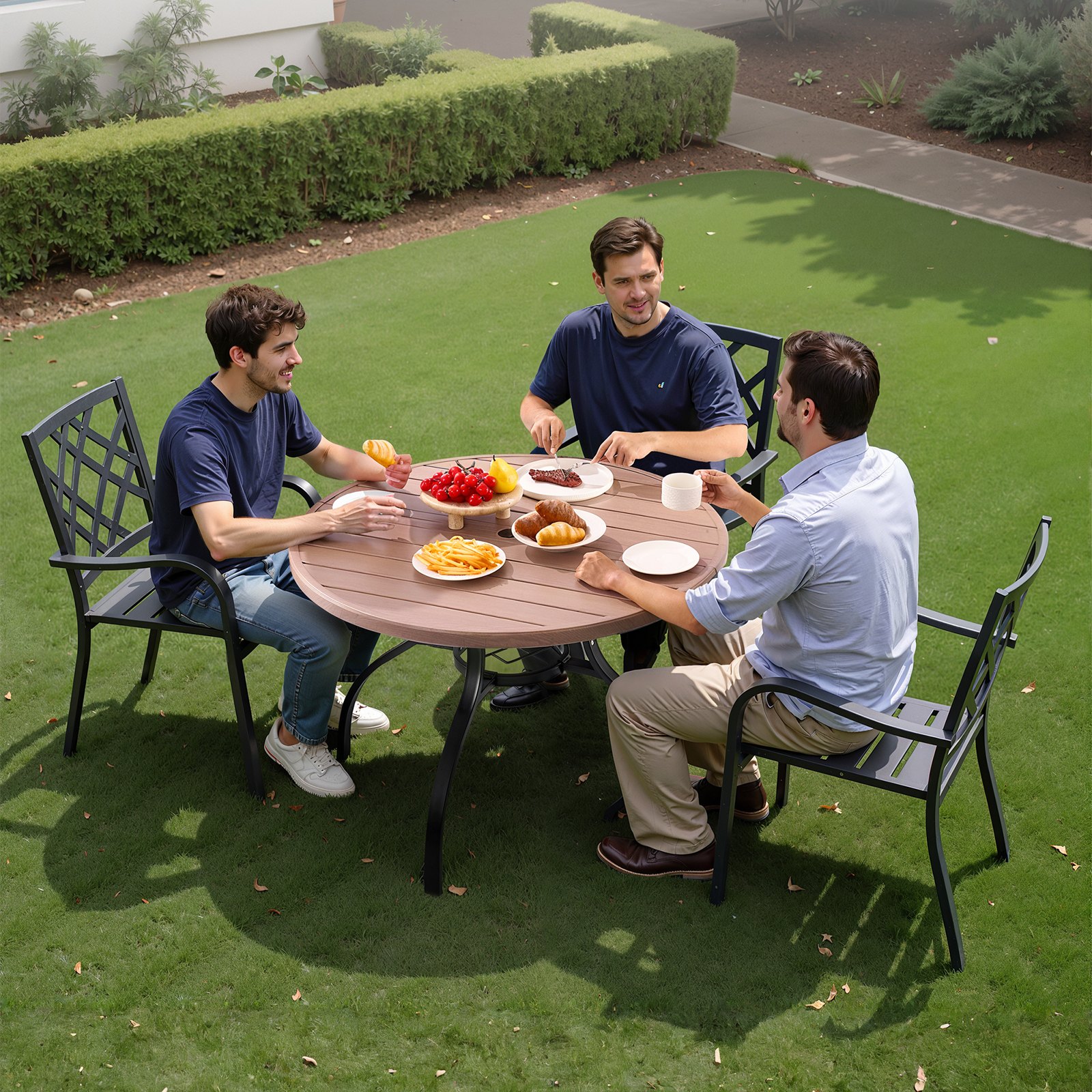 VEVOR Tavolo da Pranzo per Esterni, Tavolo da Caffè da Giardino Rotondo con Doghe in Acciaio Effetto Legno da 103 cm, con Foro per Ombrellone da 38 mm, Mobili da Esterno per Prato, Giardino