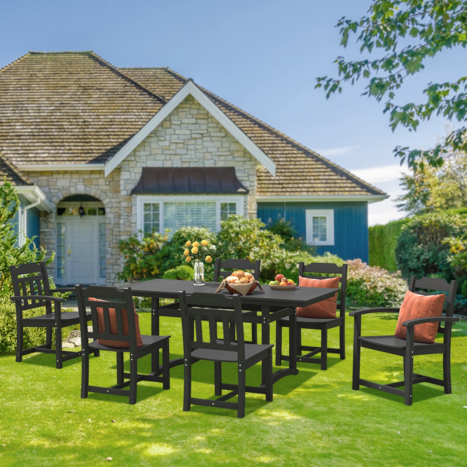 VEVOR Set mobili da giardino da 7 pezzi, set mobili da balcone, 1 tavolo + 6 sedie, 150 kg / 150 kg, gruppo sedute, resistente alle intemperie, resistente al sole, gruppo da pranzo, giardino, nero