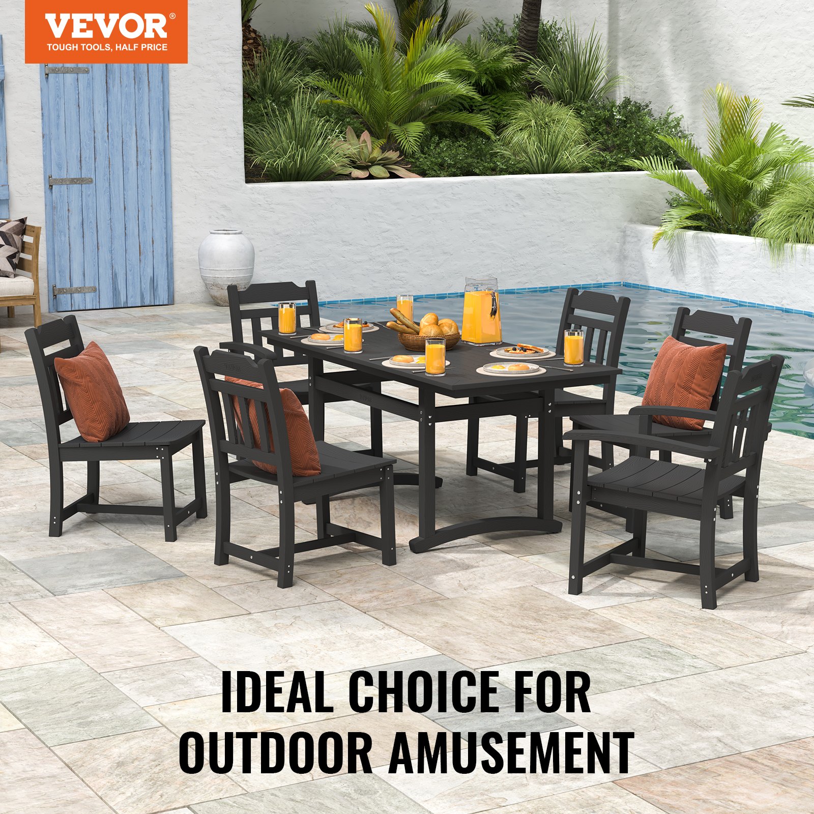 VEVOR 7-piece garden furniture set, balcony furniture set, 1 table + 6 chairs, 150 kg / 150 kg seating group, weatherproof, sunproof, dining set, garden patio furniture set, modern balcony furniture, black