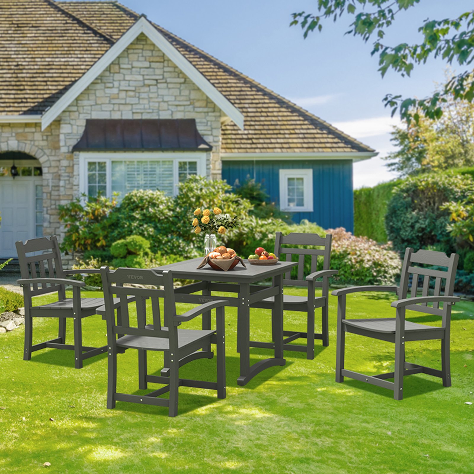 VEVOR Set da Pranzo da Patio 5 Pezzi, Tavolo e Sedie da Esterno, Set da Tavolo per Mobili da Giardino, Set per Piccolo Patio HIPS, per Prato, Terrazza, Cortile, Bordo Piscina, Grigio Chiaro