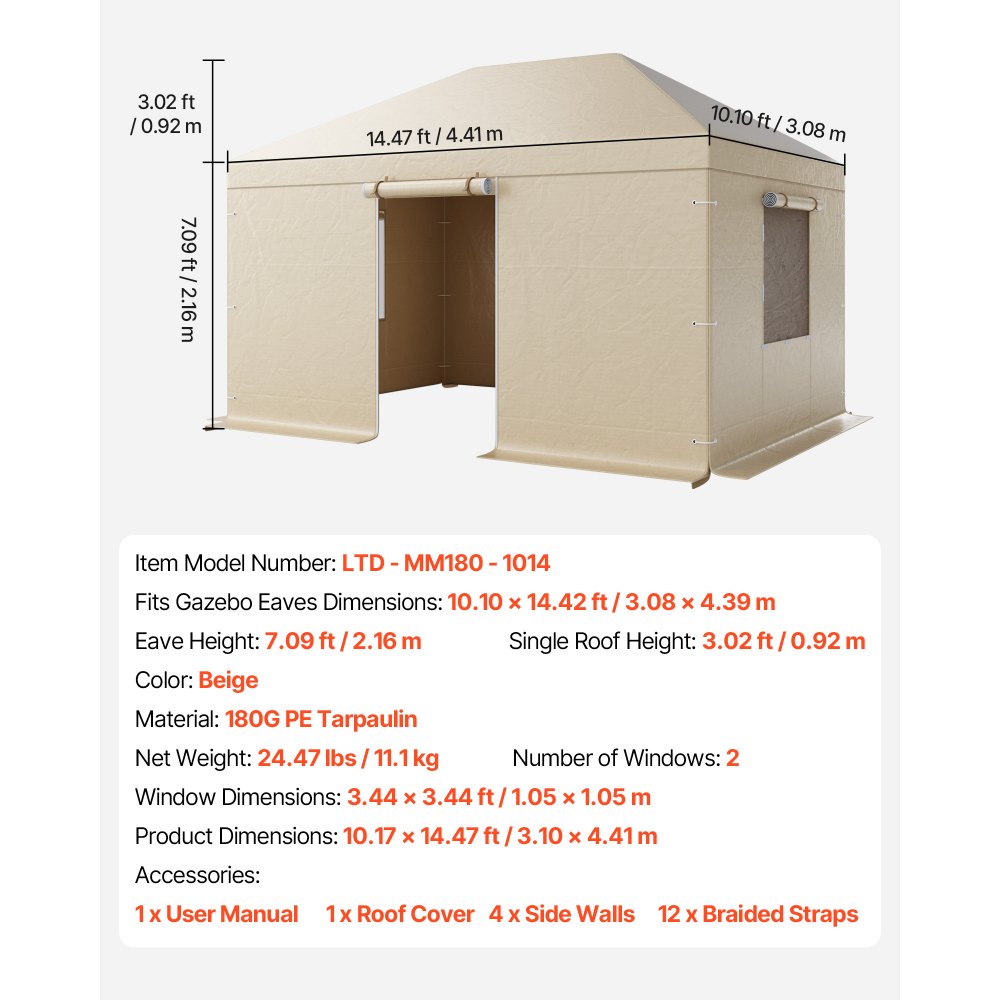 VEVOR Copertura Invernale per Gazebo, per Gazebo Rigidi da 3,10 x 4,41 m, Copertura per Tutte le Stagioni con Pareti Laterali e Finestre in Rete, per Ripari Chiusi, Gazebo non Inclusi