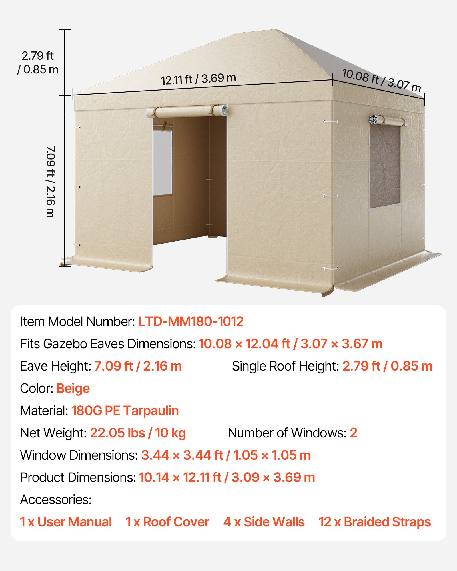 VEVOR Copertura Invernale per Gazebo, per Gazebo Rigidi da 3,09 x 3,69 m, Copertura per Tutte le Stagioni con Pareti Laterali e Finestre in Rete, per Ripari Chiusi, Gazebo non Inclusi