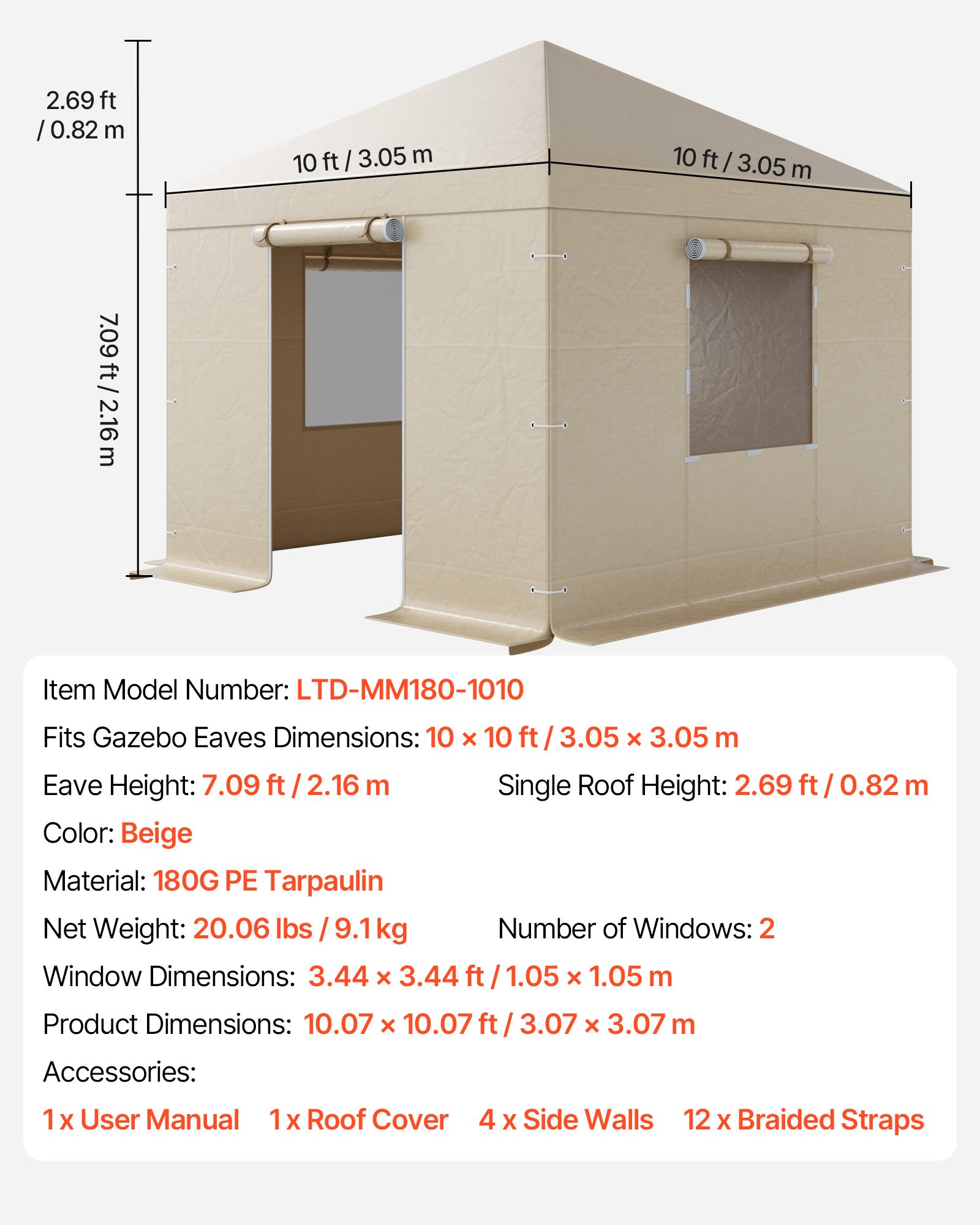 VEVOR Copertura Invernale per Gazebo, per Gazebo Rigidi da 3,07 x 3,07 m, Copertura per Tutte le Stagioni con Pareti Laterali e Finestre in Rete, per Ripari Chiusi, Gazebo non Inclusi