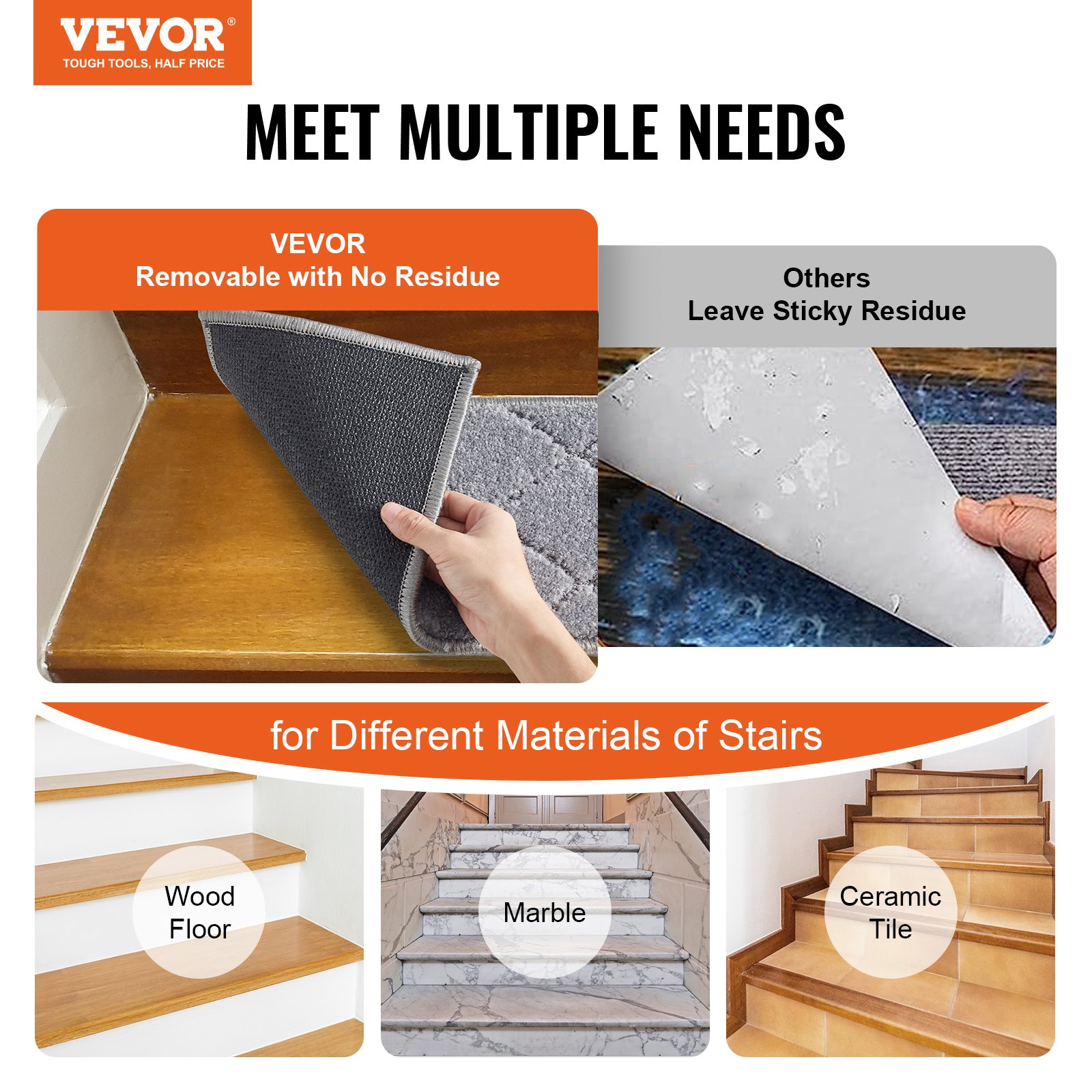 VEVOR Set di Tappeti per Scale Interne Antiscivolo 15 Pezzi 71,6x23,2 cm Lavabili in Lavatrice, Coprigradini per Scale Insonorizzanti Tappeti Antiscivolo di Sicurezza per Uso Domestico Colore Grigio