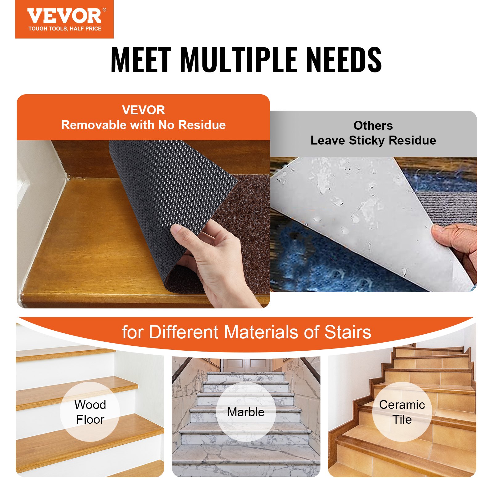 VEVOR Set di Tappeti per Scale Interne Antiscivolo 15 Pezzi 76x20,3 cm Lavabili in Lavatrice, Coprigradini per Scale Insonorizzanti Tappeti Antiscivolo di Sicurezza per Anziani Bambini Uso Domestico