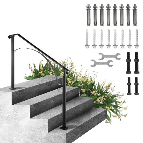 VEVOR Ringhiera Corrimano Passamano Set Ringhiera per Scale a Arco Nero Opaco con 3 o 4 Gradini Ringhiera Corrimano in Ferro Ringhiera Scale Esterne