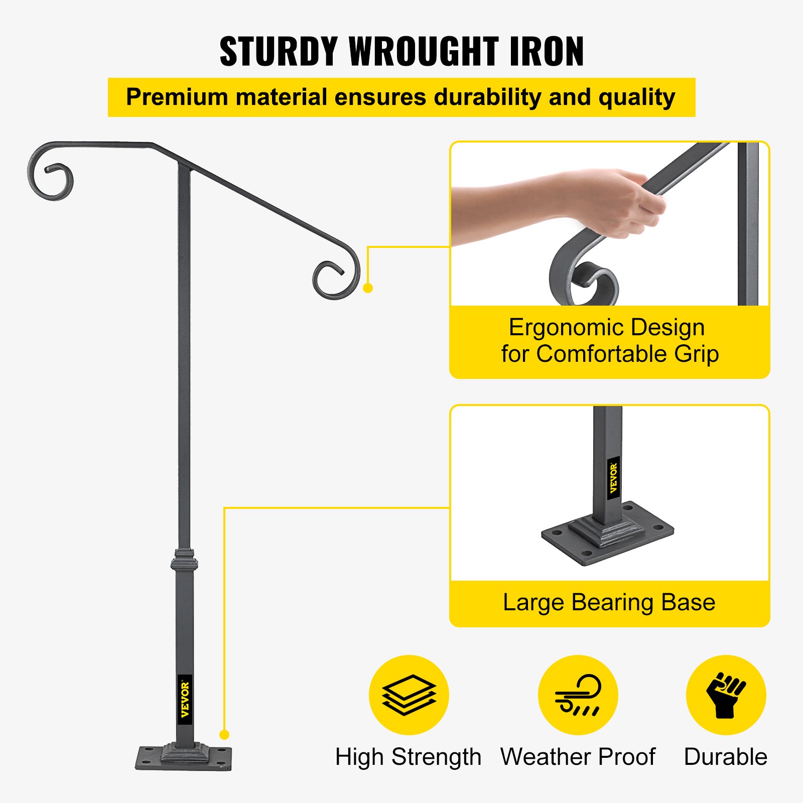 Stair railing for 1 or 2 steps, matte gray with floral pattern, elegant wrought iron entrance railing, single post handrail with base
