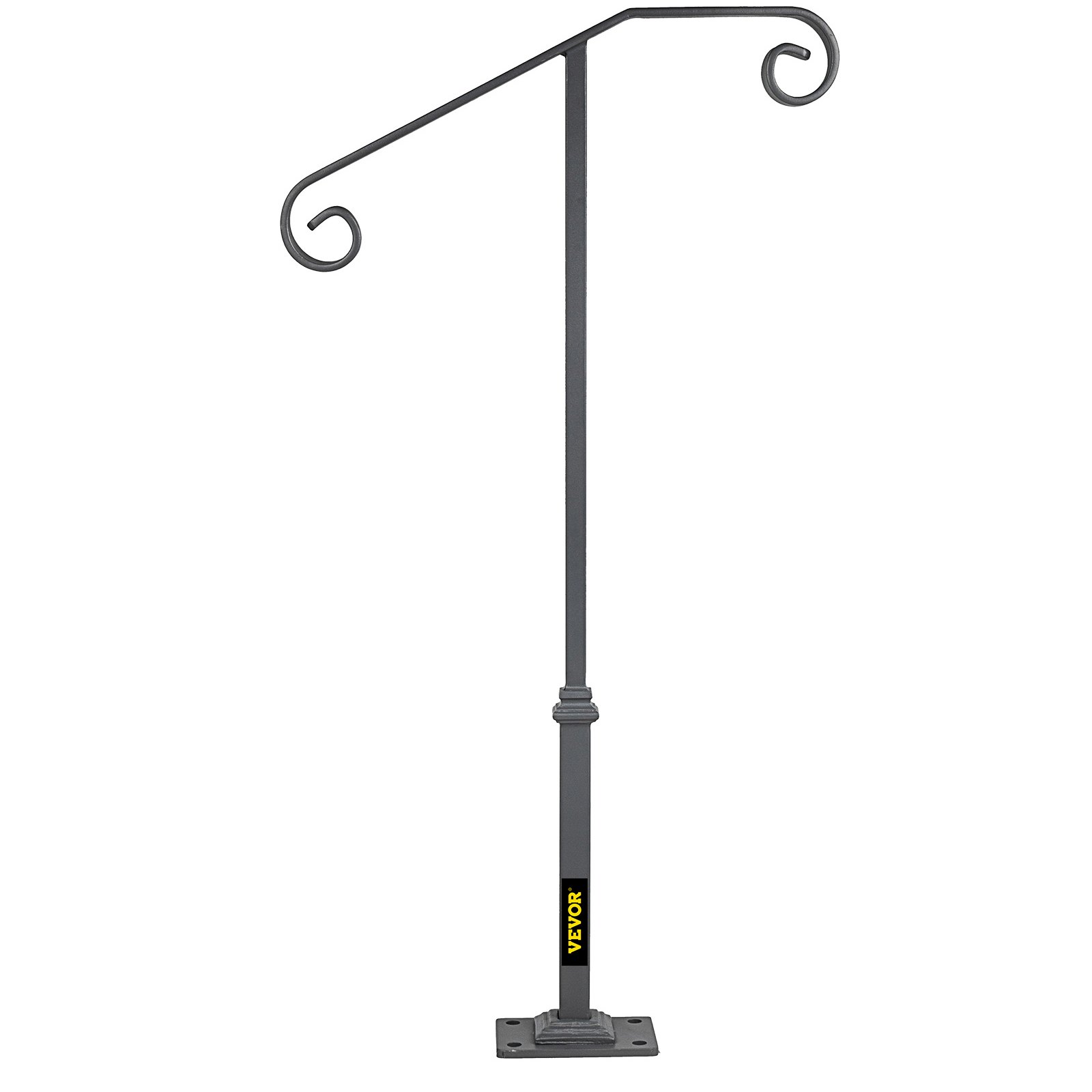 Stair railing for 1 or 2 steps, matte gray with floral pattern, elegant wrought iron entrance railing, single post handrail with base