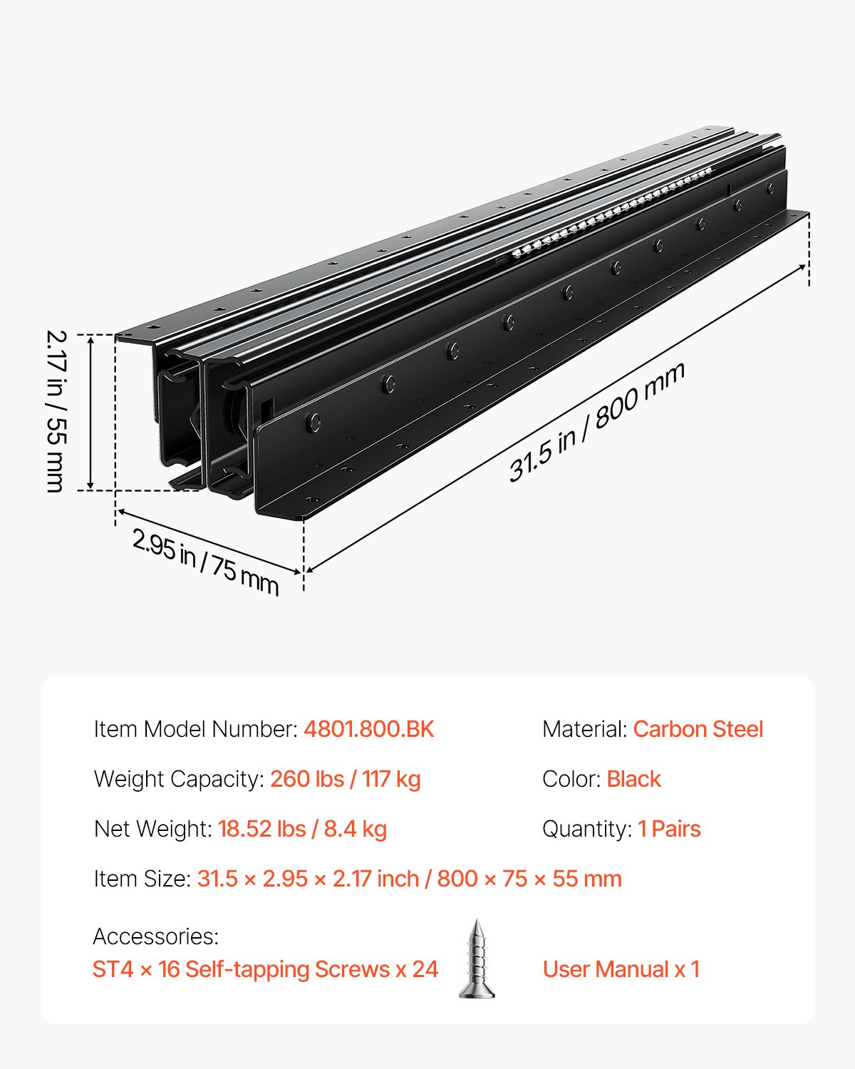 VEVOR Guide per Cassetti Sottotop, Guide per Mobili Sottoscala con Cuscinetti a Sfera a Estensione Completa, Capacità 117 kg, Guide Resistenti, per Sostituzione, Nero 800 mm, 1 Paio