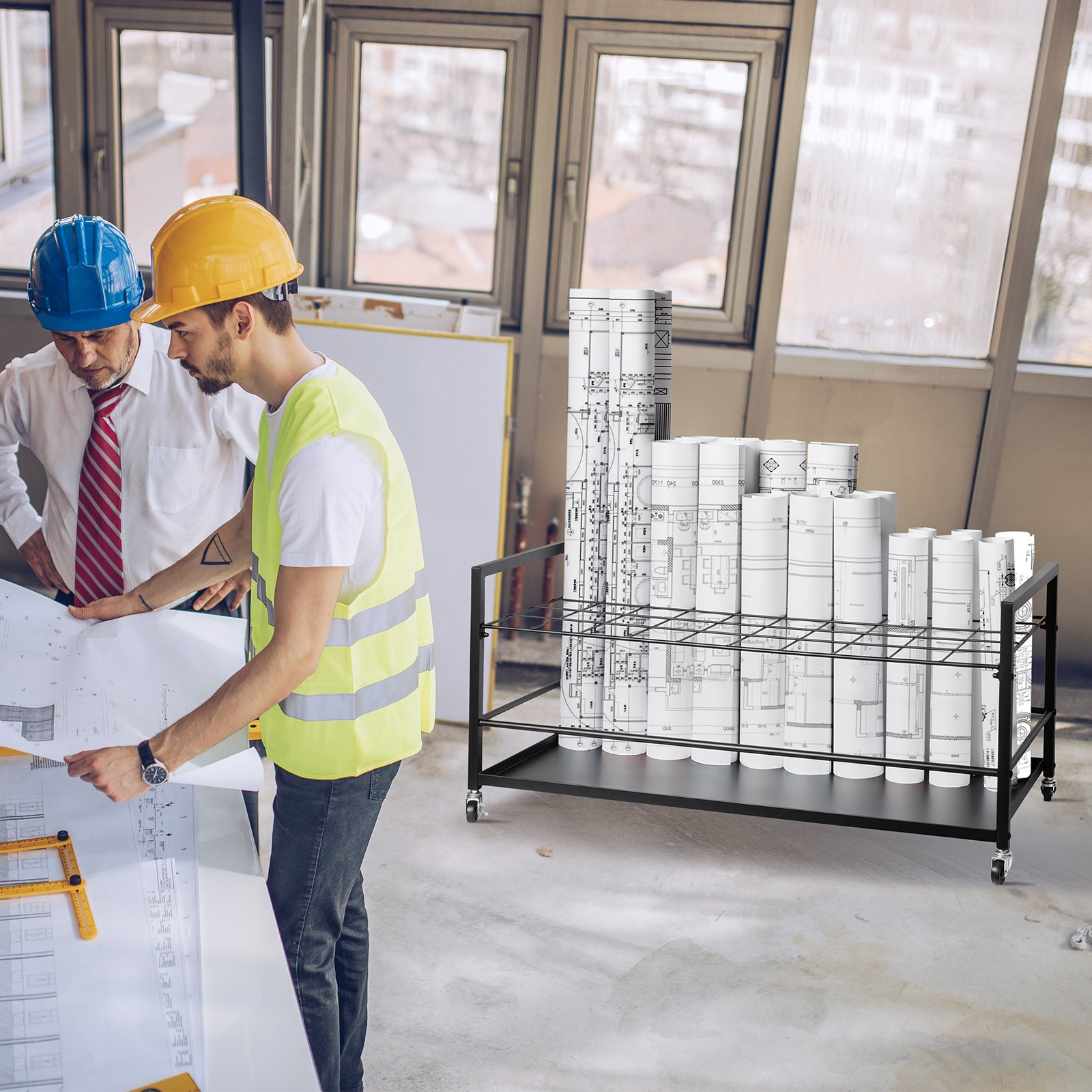 VEVOR Scaffale per progetti con 50 Scomparti, Portaprogetti con Ruote per Piani di Costruzione, Carrello Portaprogetti Mobile in Metallo per Mappa, Manifesto Architettonici, Portarotolo per Ufficio