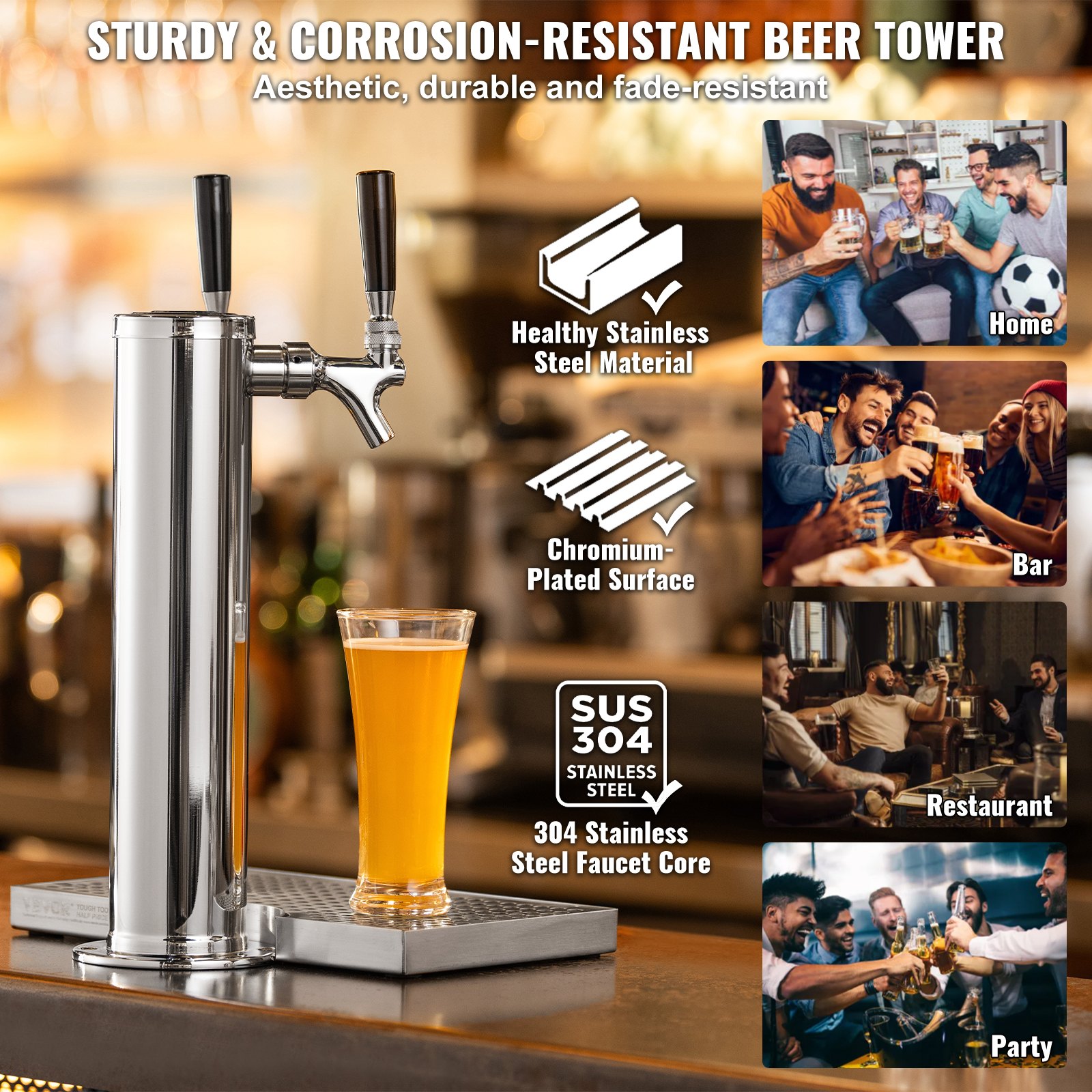 VEVOR Kegerator Tower Kit, Beer Conversion Kit with 2 Taps, Stainless Steel Beer Tower Dispenser with Dual Gauge W21.8 Regulator and S-System Keg Coupling, Beer Drip Tray for Home Parties