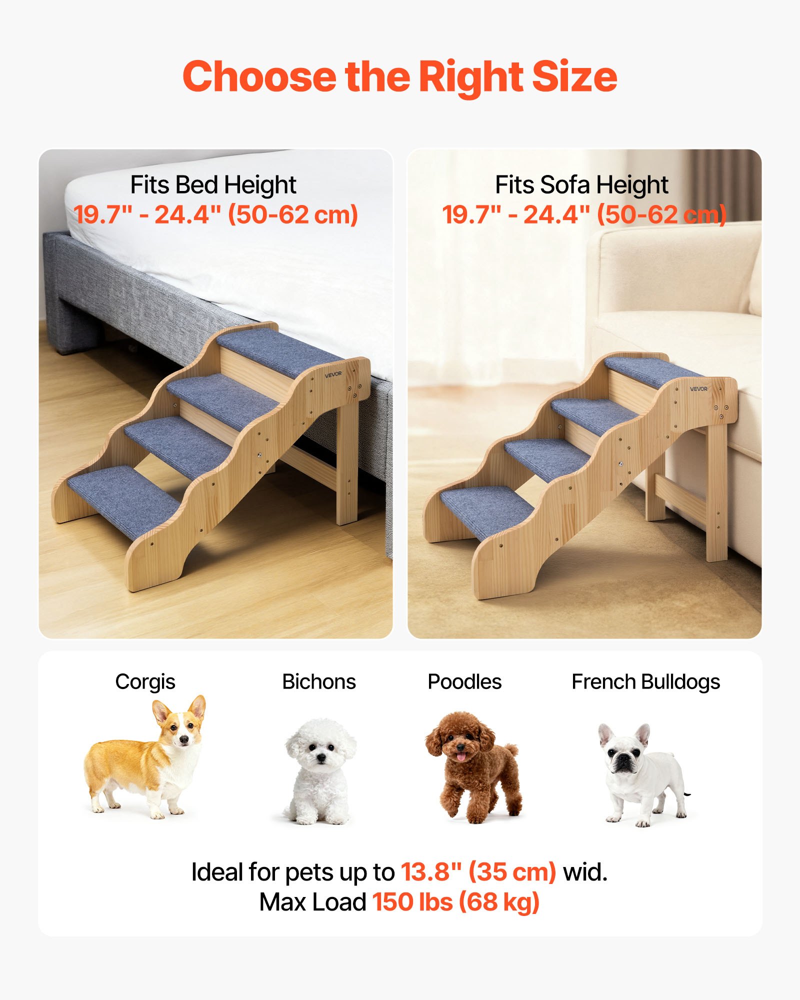 VEVOR Wood Pet Stairs, 4-Step Dog Stairs for High Beds, Sofa & Cars, 68 kg Load Capacity, Non-Slip Surface, Stable Cat & Dog Step Ladder for Small Medium Large Older Pet Puppy Essentials