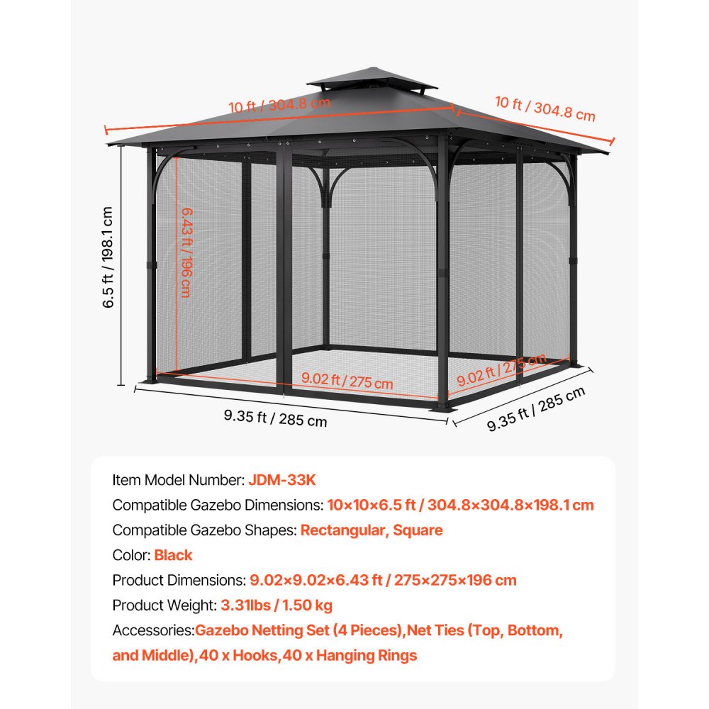 VEVOR Mosquito Net for Gazebo, Replacement for Mosquito Net, Fits 304.8x304.8x198.1 cm Gazebos, Insect Net, 4-Piece Side Panel Gazebo Curtain, with Double Zipper (Net Only)