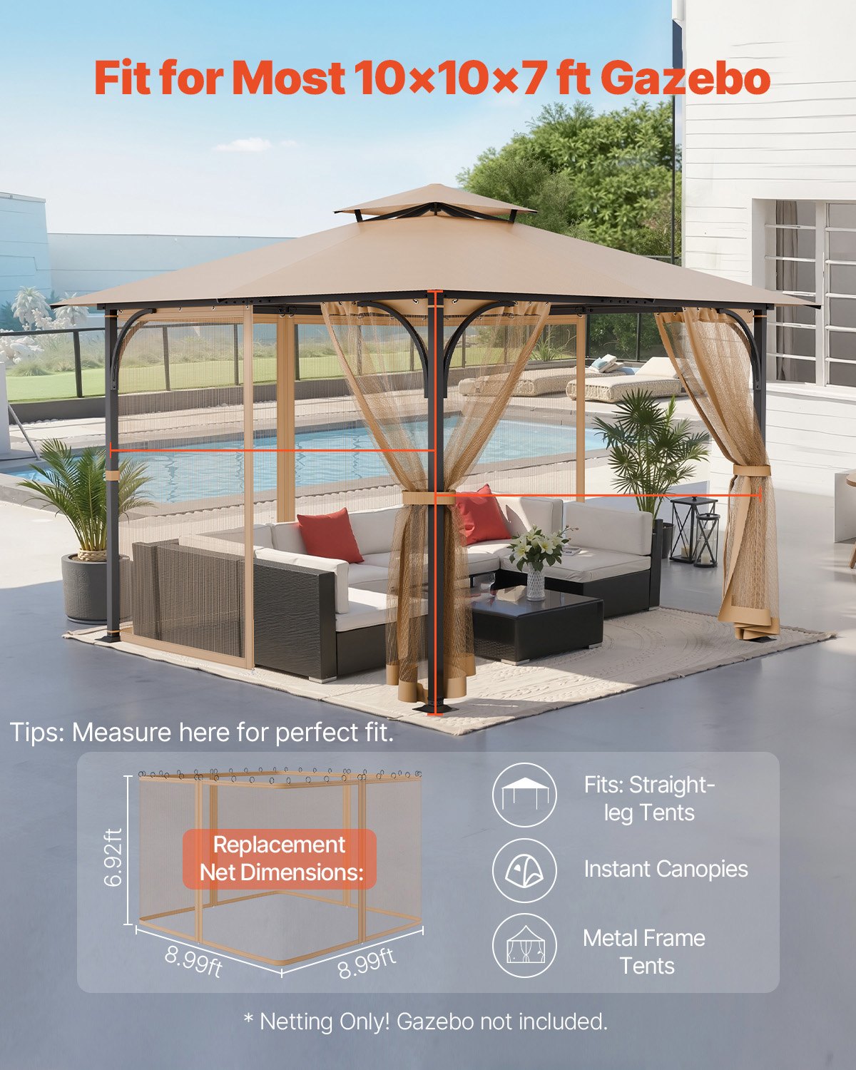 VEVOR Mosquito Net for Gazebo, Replacement for Mosquito Net, Fits 304.8x304.8x213.4 cm Gazebos, Insect Net, 4-Piece Side Panel Gazebo Curtain, with Double Zipper (Net Only)