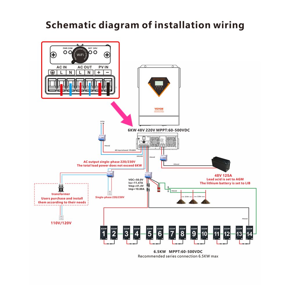 VEVOR Hybrid Solar Inverter, 6kW, All-in-One Inverter with Pure Sine Wave, 48V DC to 220/230V AC, with Integrated 120A MPPT Solar Charge Controller, for Lead-Acid Lithium Batteries in Off-Grid Systems