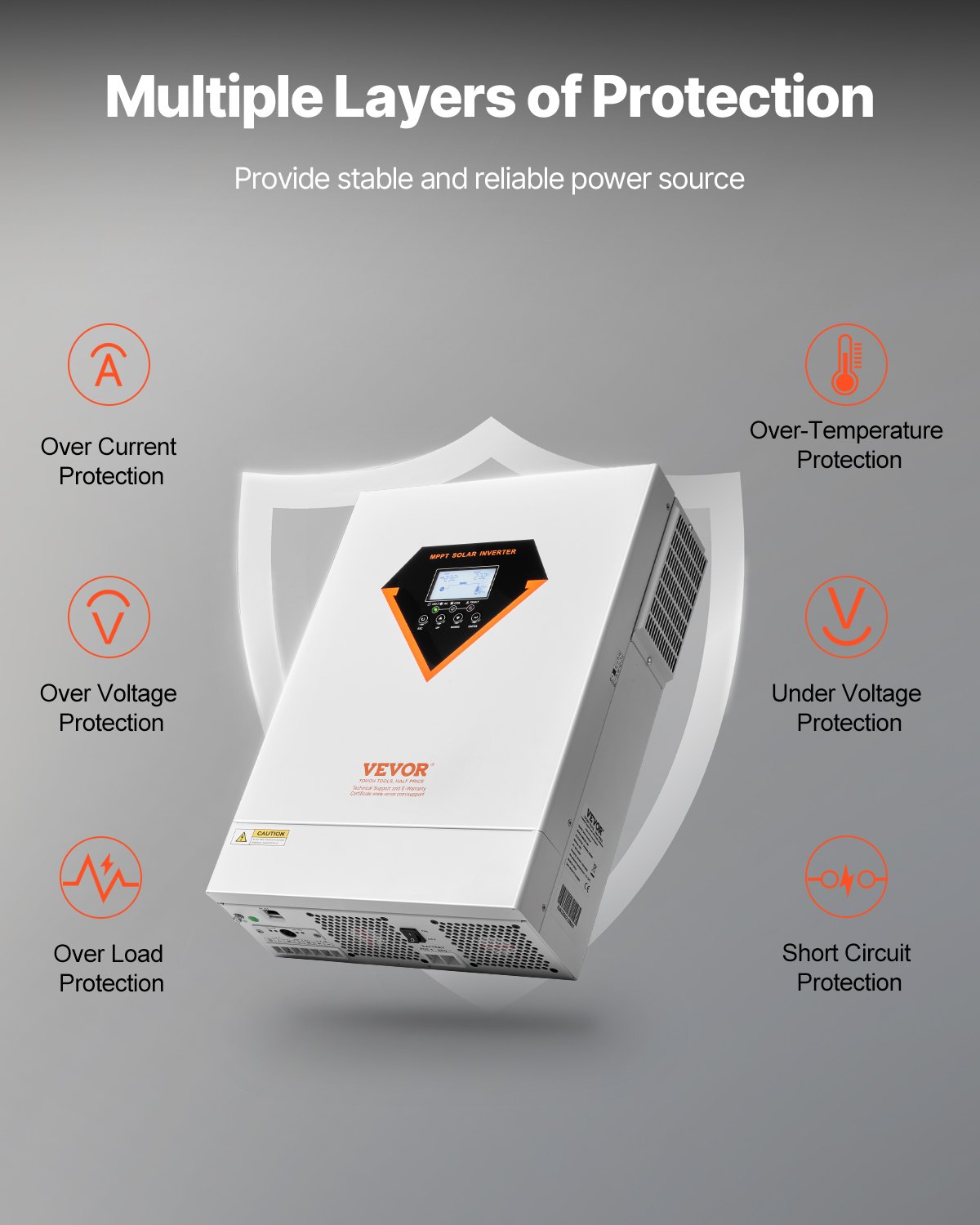 VEVOR Invertitore Solare Ibrido, Invertitore per Sistema Fuori Rete di Potenza a Onda Sinusoidale Pura Tutto in Uno, 48 V CC 220/230 V CA, 6000 W, con Regolatore Solare da 120 A Integrato