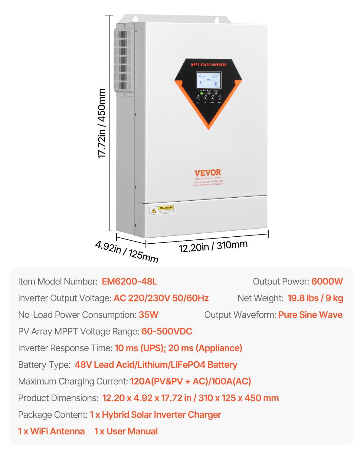 VEVOR Invertitore Solare Ibrido, Invertitore per Sistema Fuori Rete di Potenza a Onda Sinusoidale Pura Tutto in Uno, 48 V CC 220/230 V CA, 6000 W, con Regolatore Solare da 120 A Integrato