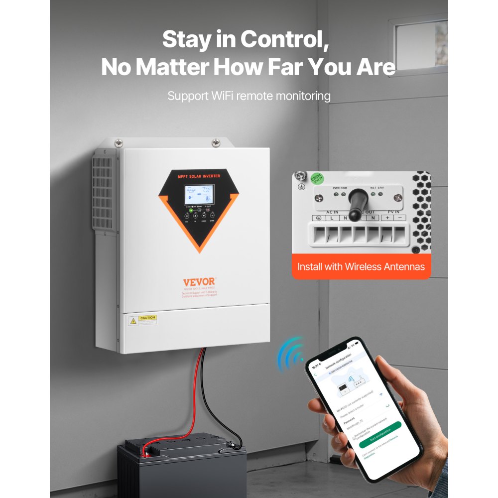 VEVOR Hybrid Solar Inverter, 3500W, All-in-One Pure Sine Wave Inverter, 24V DC to 220/230V AC, with integrated 100A MPPT solar charge controller, for off-grid lead-acid lithium batteries