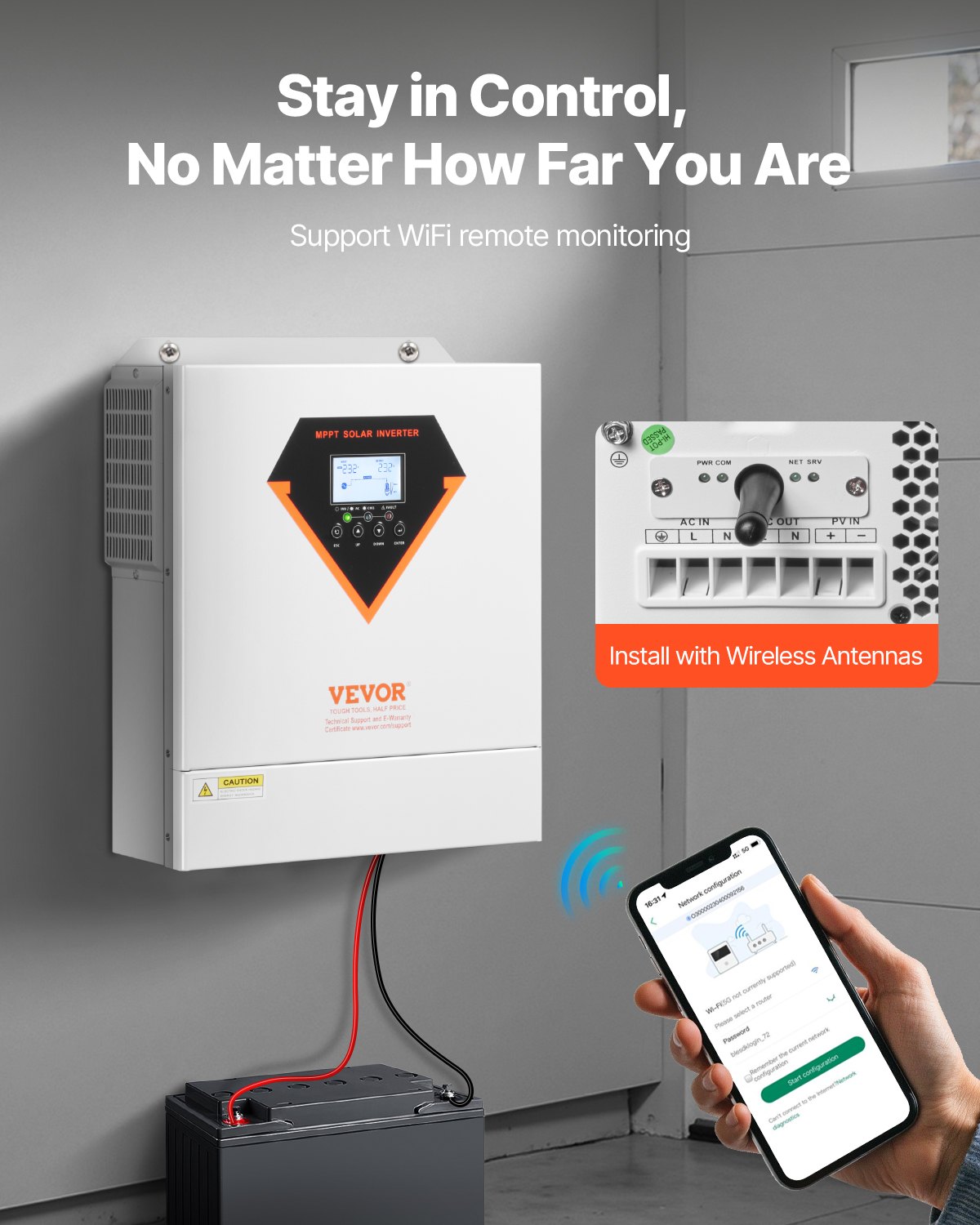 VEVOR Invertitore Solare Ibrido, Invertitore per Sistema Fuori Rete di Potenza a Onda Sinusoidale Pura Tutto in Uno, 24 V CC 220/230 V CA, 3500 W, con Regolatore Solare da 100 A Integrato