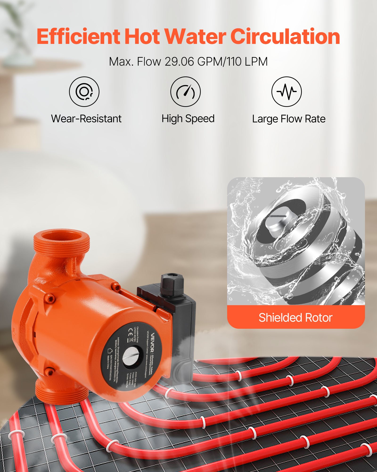 VEVOR Pompa di Circolazione in Ghisa LPS25-6S/130, 1/8 HP, Pompa di Circolazione per Acqua Calda 220-240 V 550 LPM, Attacco Filettato, Regolazione a 3 Velocità, per Impianto di Riscaldamento