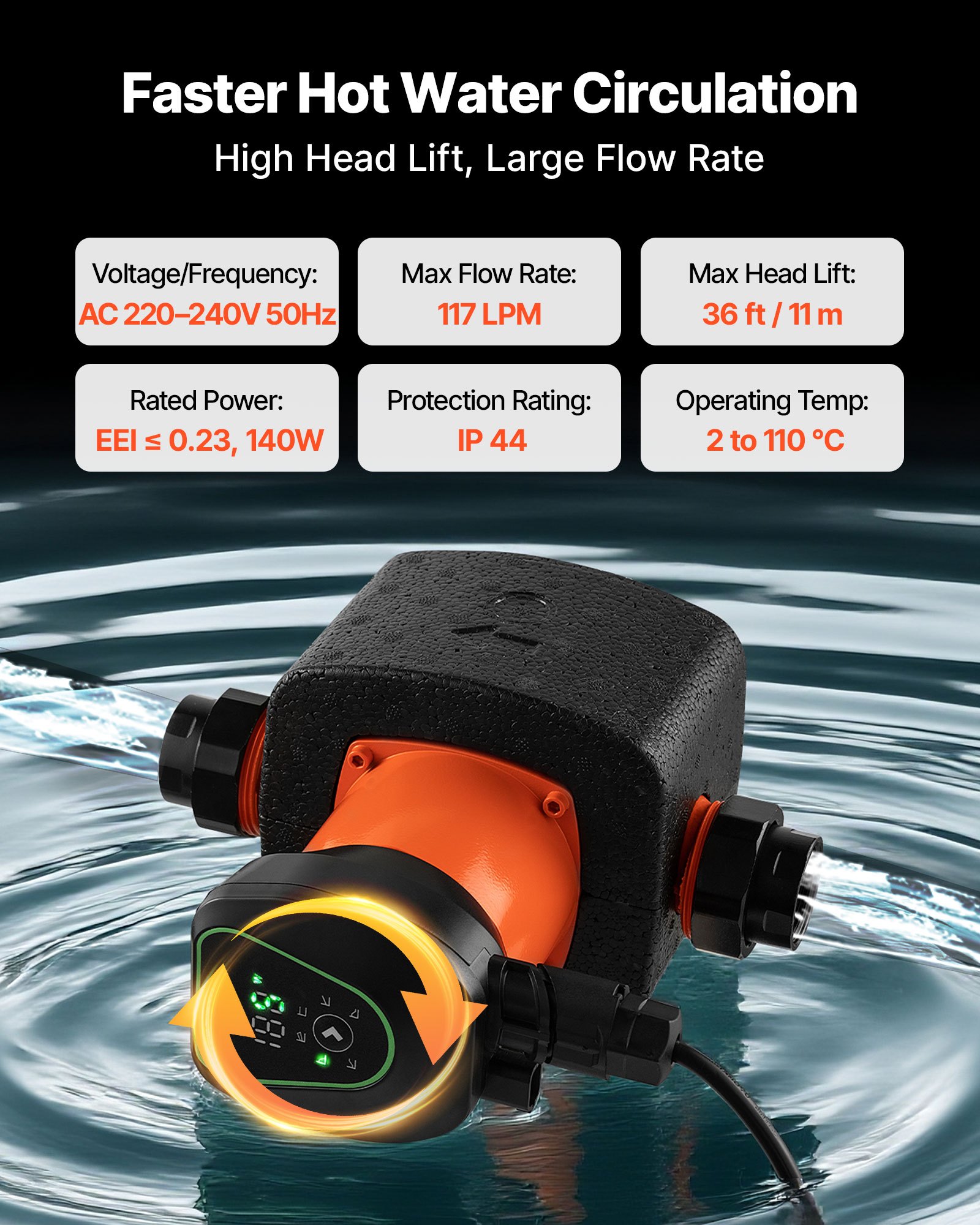 VEVOR Pompa di Circolazione ad Alta Efficienza LPS25-11PA/180, 117 LPM, per Acqua Calda in Ghisa con Prevalenza Massima di 11 M, Attacco Filettato, Valvola di Ritegno, per Impianto di Riscaldamento