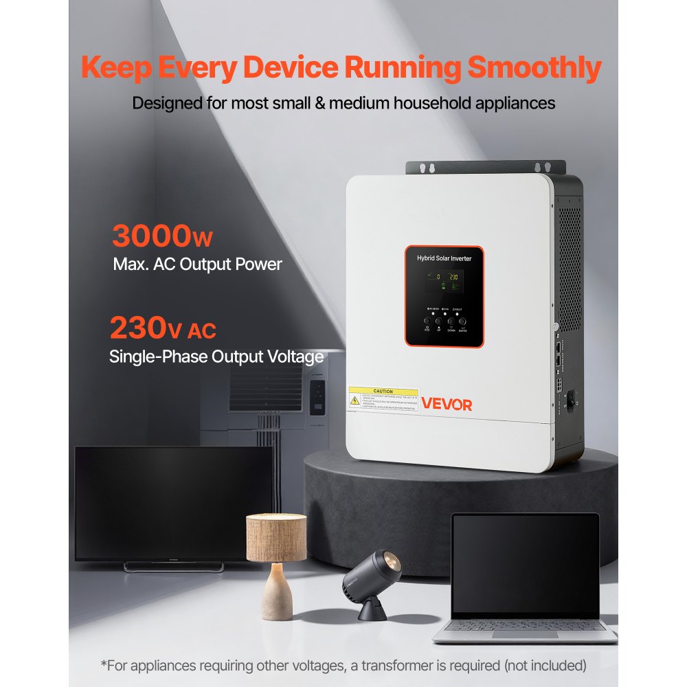 VEVOR Inverter Solare Ibrido Off-grid 3000 W da 24 V CC a 230 V CA, Inverter e Caricabatteria Onda Sinusoidale Pura, Regolatore Solare MPPT da 80 A Integrato, Compatibile con Batteria al Litio al Piombo