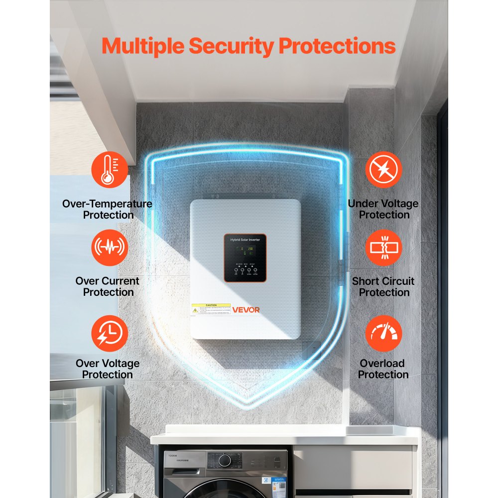 VEVOR Inverter Solare Ibrido Off-grid 3000 W da 24 V CC a 230 V CA, Inverter e Caricabatteria Onda Sinusoidale Pura, Regolatore Solare MPPT da 80 A Integrato, Compatibile con Batteria al Litio al Piombo