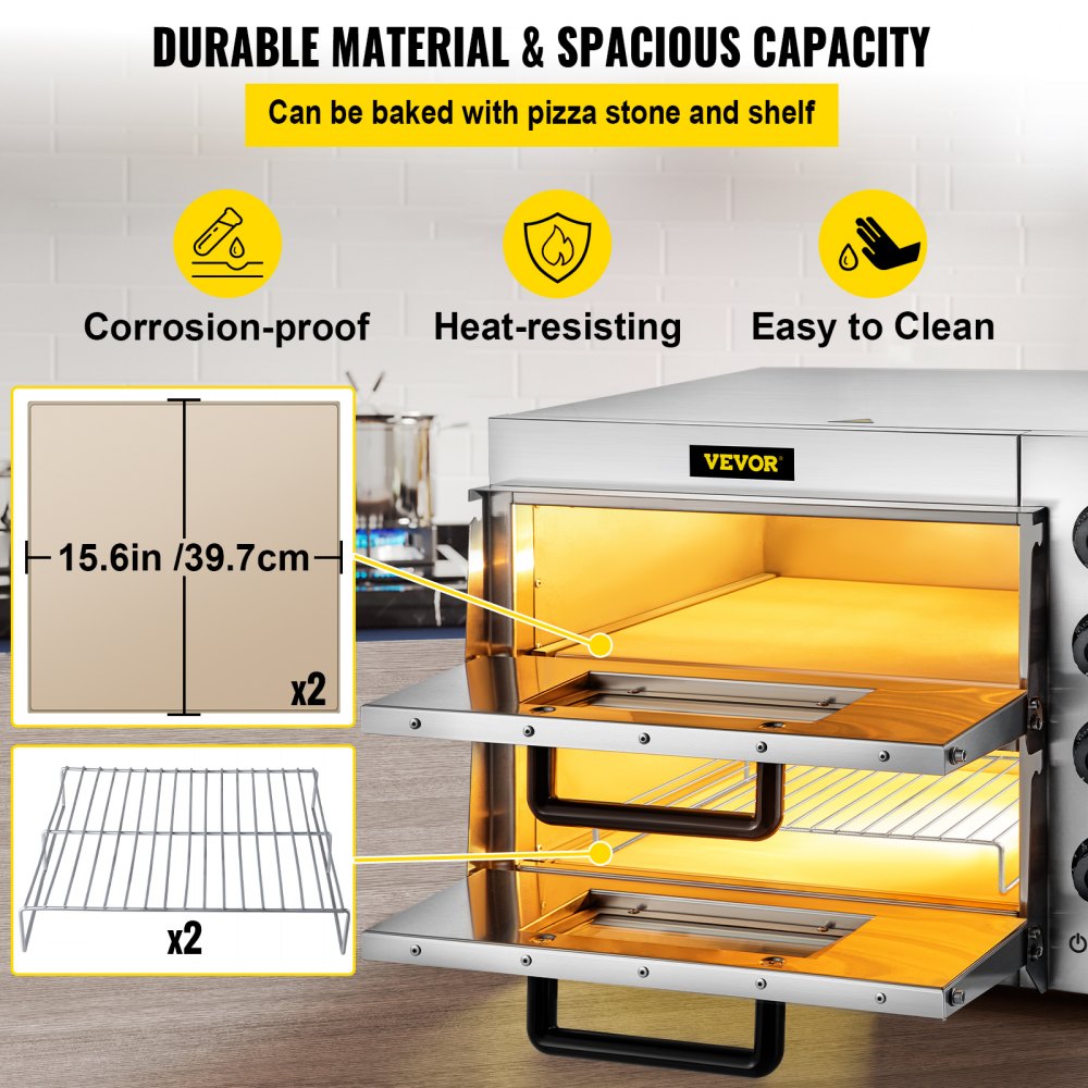 VEVOR Forno Elettrico di Pizza Dolci Carne Pesce Camera Doppia 3000 W da Bancone Luce Interna, Forno Elettrico Temperatura Regolabile 50-350 ℃ Pietra di Pizza Diametro 14 Pollici, Forno Camera Doppia