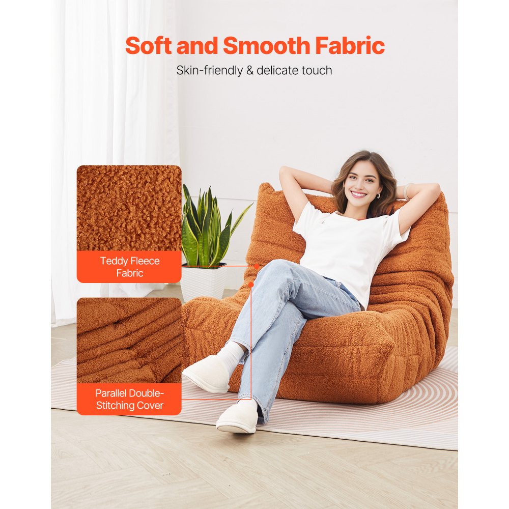 VEVOR L-shaped beanbag cushion (99 x 92 x 72 cm) with armrests and storage bag, filled with 25D memory foam with a soft teddy velvet cover, beanbag for bedroom, brown