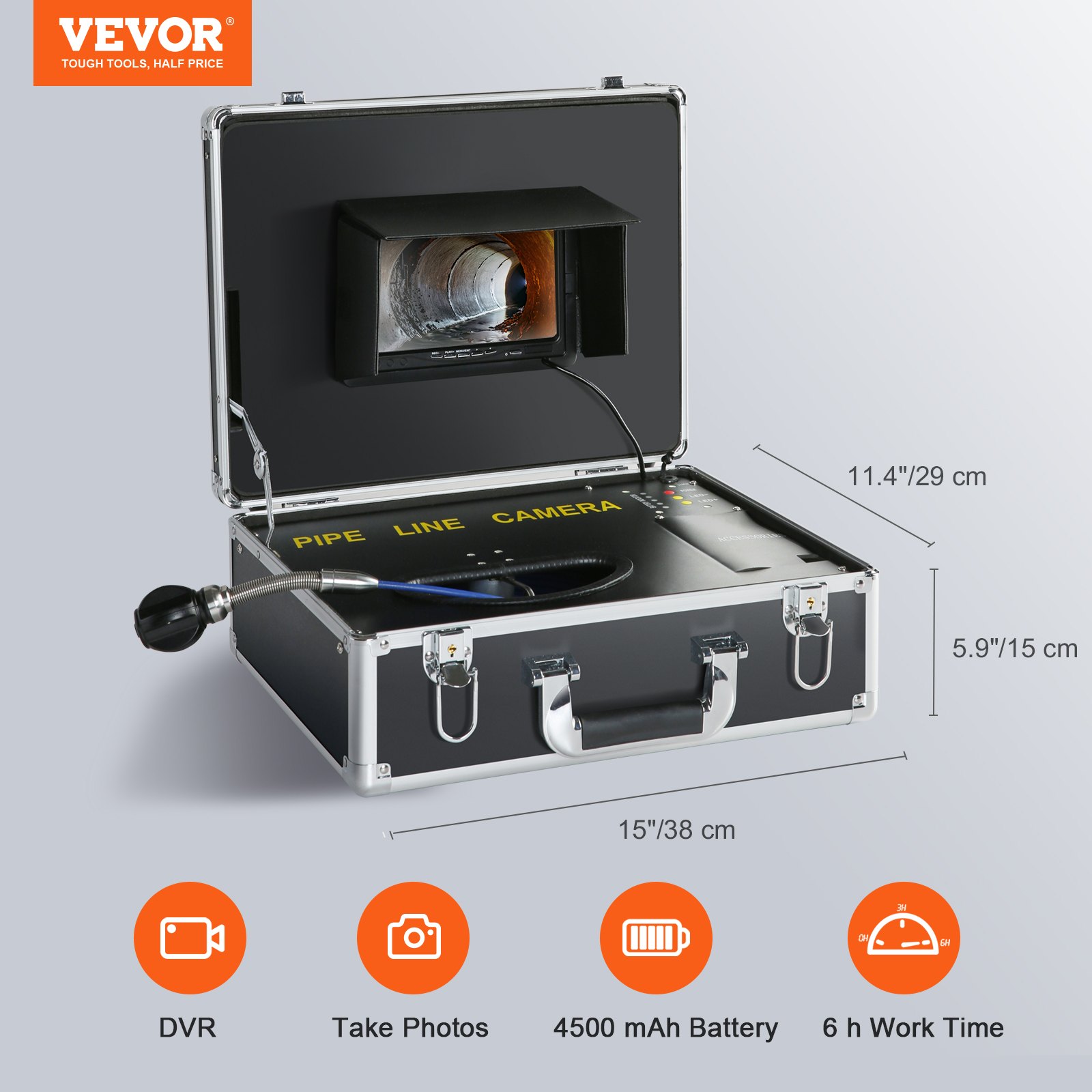 VEVOR sewer camera, 20 m, 17.8 cm screen, pipe inspection camera with DVR function, IP68 camera, 12 adjustable LEDs, with 16 GB SD card for sewer lines and drain pipes