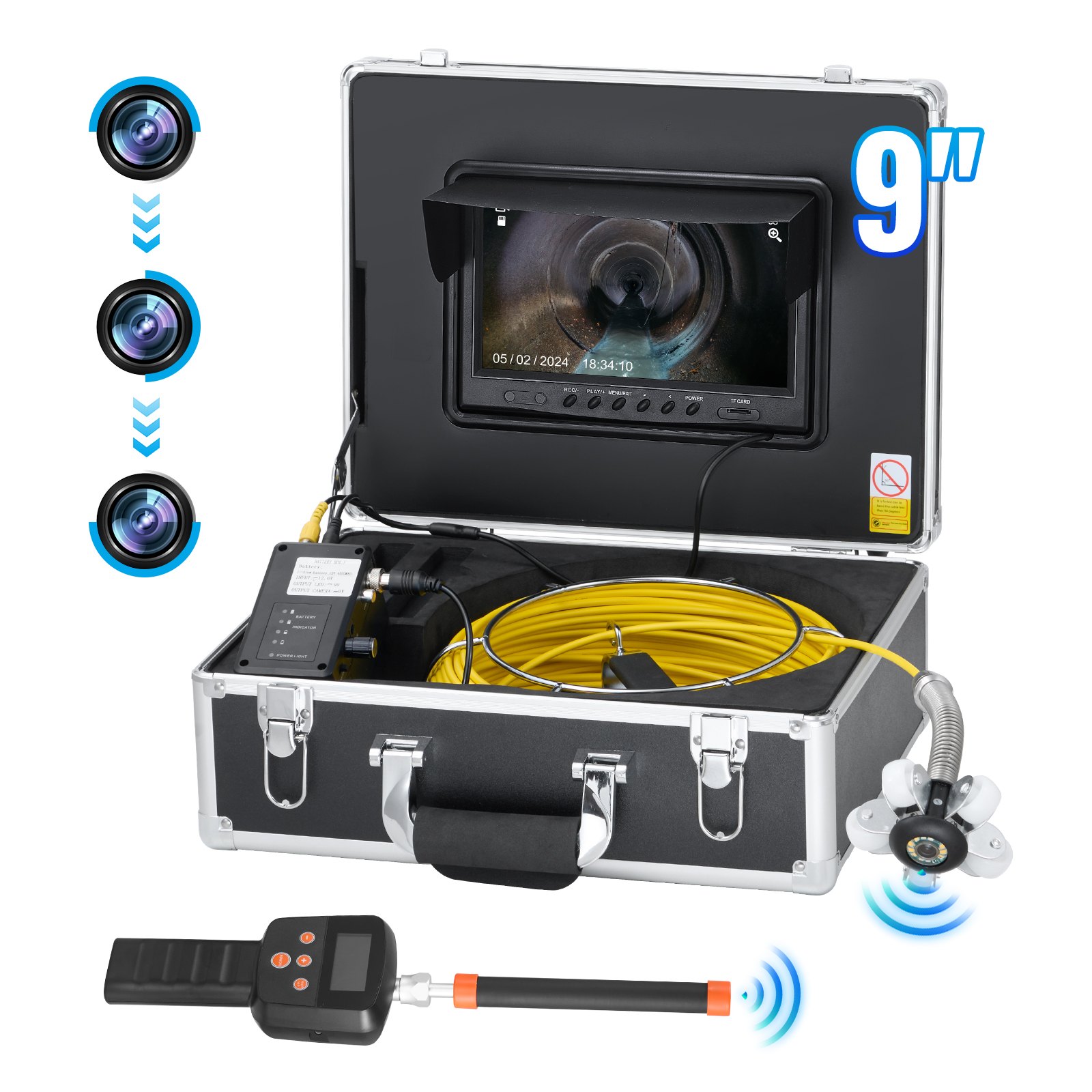 VEVOR sewer camera with 512 Hz locator, 50 m range, 9-inch self-leveling pipe inspection camera, 36x zoom, 12 LED endoscope, 32 GB card, IP68 waterproof pipe camera for sewer pipes