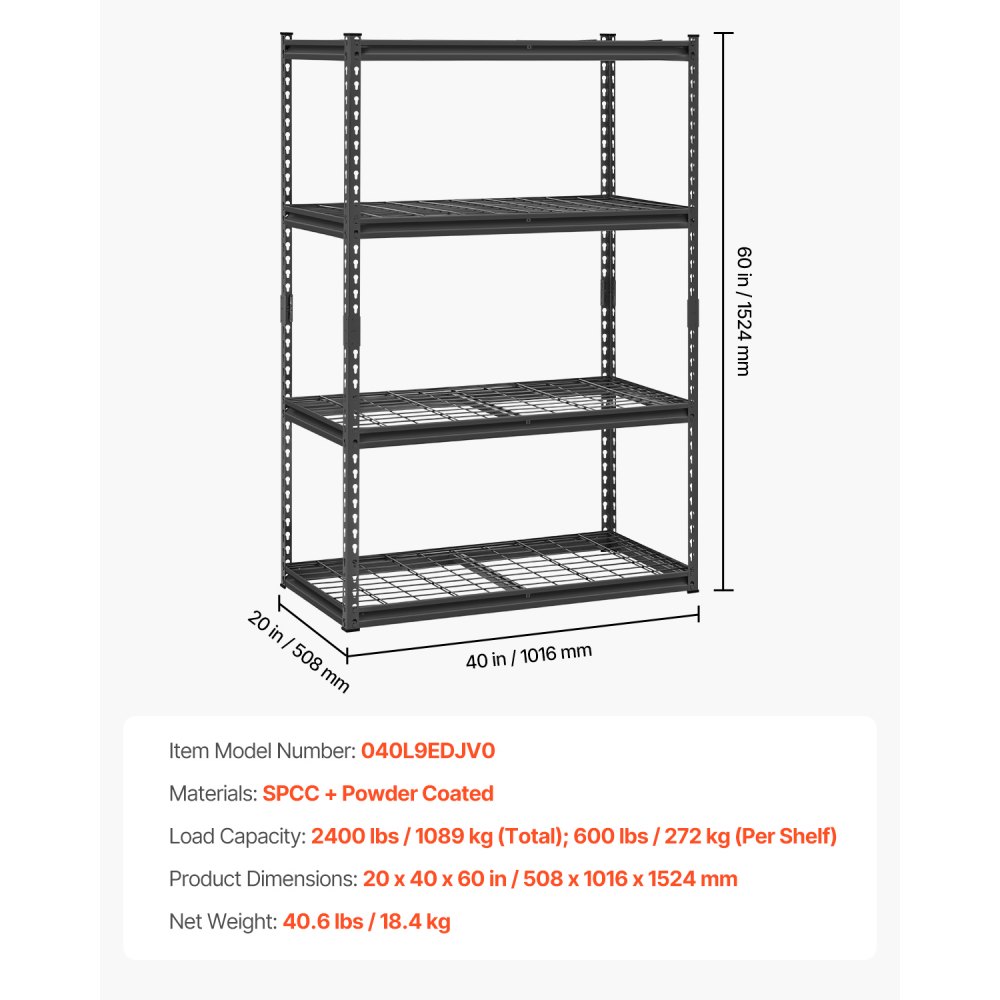 VEVOR Scaffale Portaoggetti Carico Totale max. 1089 kg Scaffale con 4 Ripiani per Garage Ripiani in Metallo Regolabili per Scaffalature Industriali Ripiano Portaoggetti da Cucina, Magazzino Officina