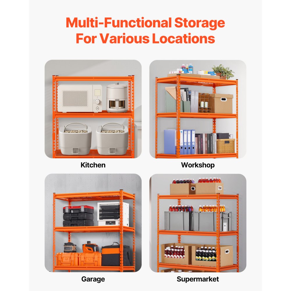 VEVOR Storage Shelving, 1089 kg, 4-Tier Heavy-Duty Shelving Unit for Garage, 508x1016x1524mm, Adjustable Boltless Shelving Unit for Industrial Shelving, All-Purpose Shelving, Basement Shelving for Kitchen, Storage, Cellar, Orange