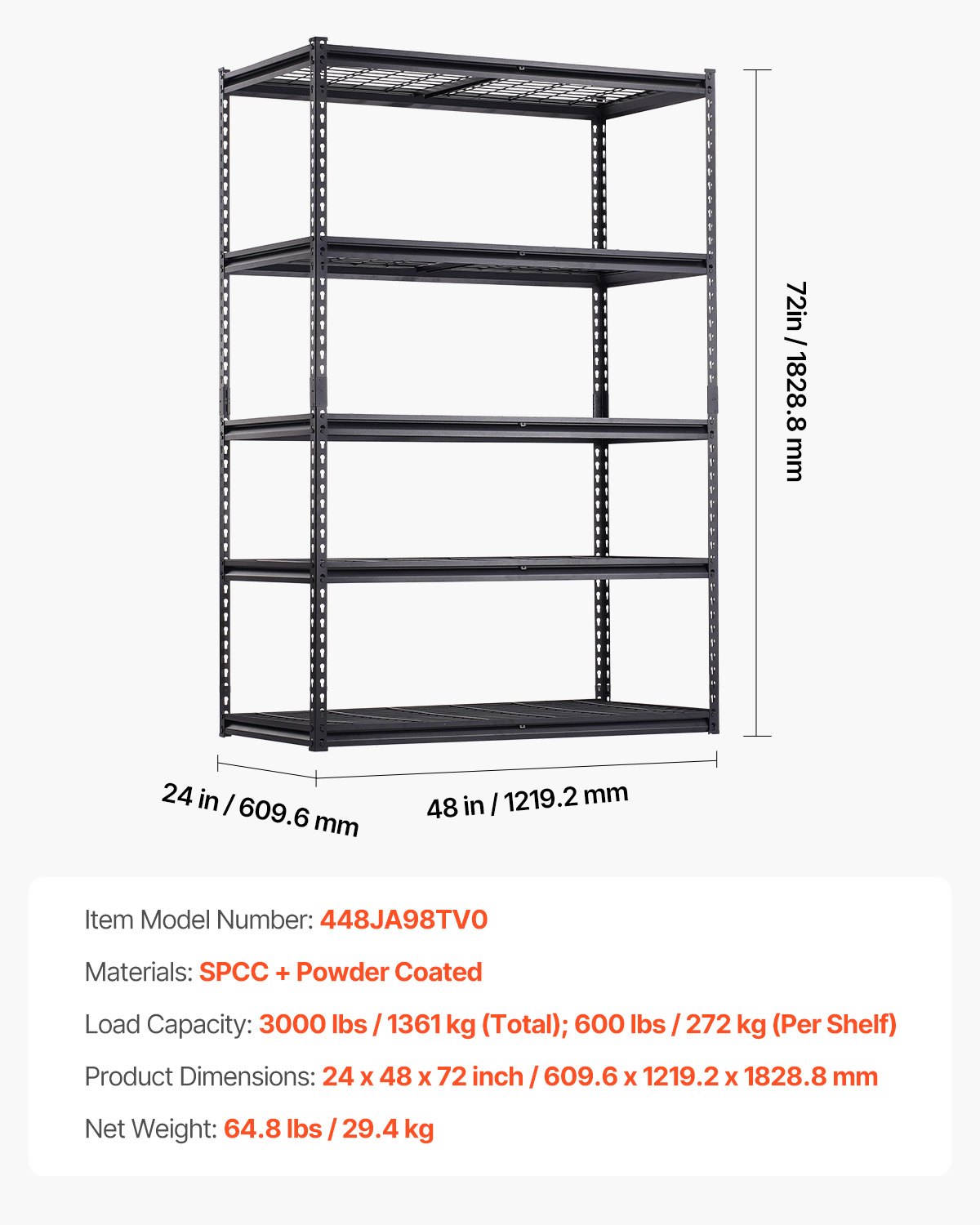 VEVOR Scaffale Portaoggetti Carico Totale max. 1361 kg Scaffale con 5 Ripiani per Garage Ripiani in Metallo Regolabili per Scaffalature Industriali Ripiano Portaoggetti da Cucina, Magazzino Officina