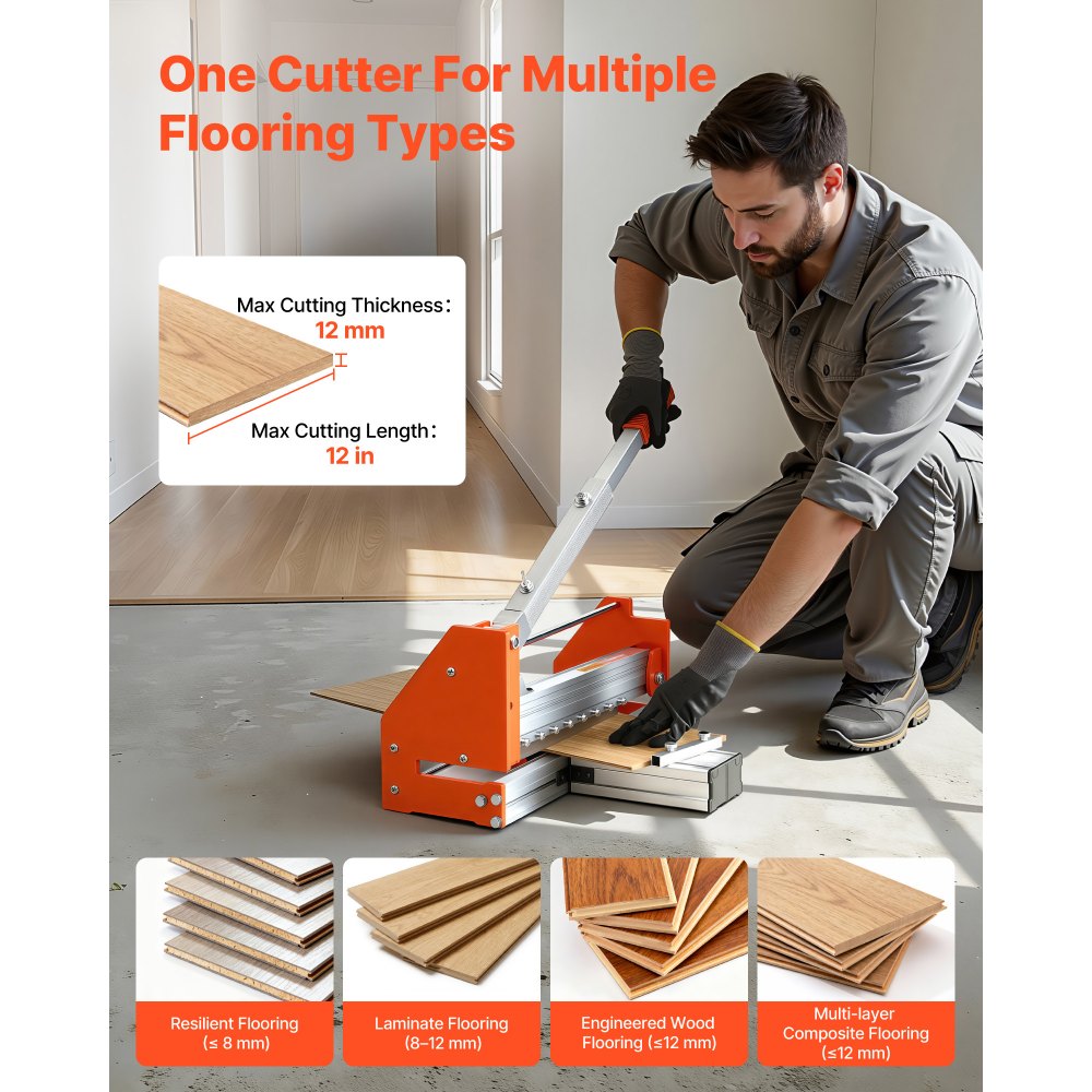 VEVOR 304.8mm Vinyl Floor Cutter, 12mm Thick Laminate Flooring Cutter with Upgraded Labor-Saving Aluminum-Alloy Lever, Telescoping Support Plate, Cuts Certain Engineered Wood, LVT, VCT, SPC, LVP, WPC