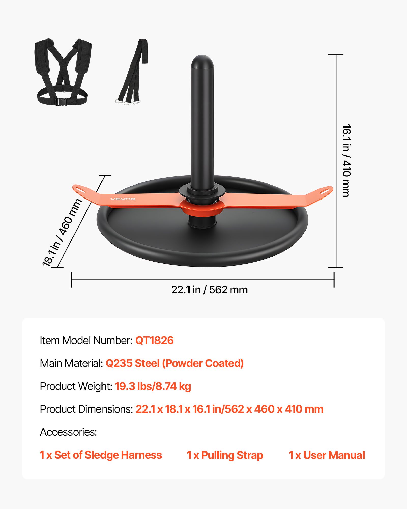 VEVOR Slitta con Pesi, Compatibile con Dischi da 51 mm Slitta per Allenamento di Forza e Forza per Esercizi Atletici, Attrezzatura per Allenamento Fitness con Imbracatura, Arancione e Nero