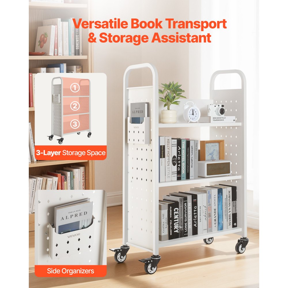 VEVOR Carrello Portalibri con Ruote 770 x 380 x 1220 mm Carrello Rotante Porta Libri, Carico 150 kg Ripiani a L Monofacciali con Ruote Bloccabili 7,6 cm per Scaffali di Casa, Ufficio e Scuola, Bianco